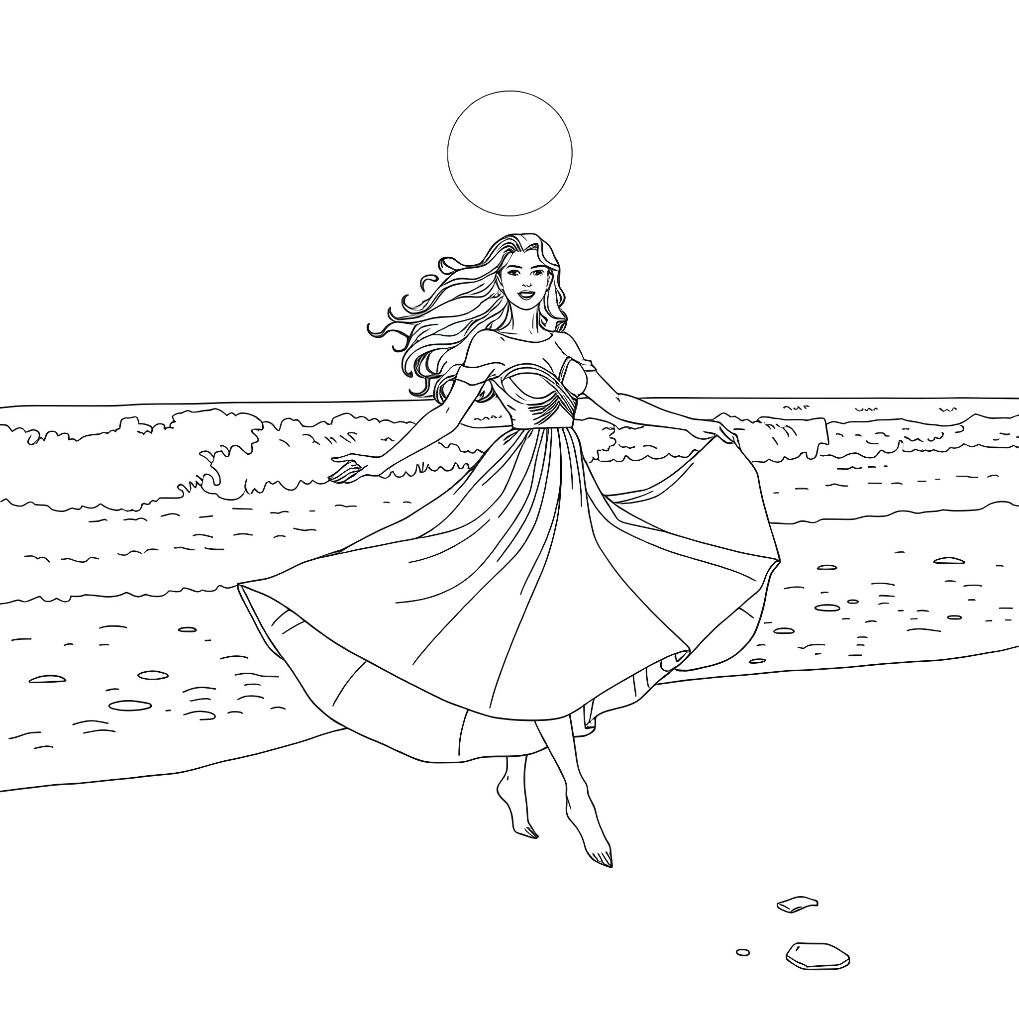 Janette Manrara Dancing Gracefully by the Ocean Coloring Page (free black-and-white line drawing printable PDF for all, from beginners to advanced learners, including children, teens, adults, and seniors)