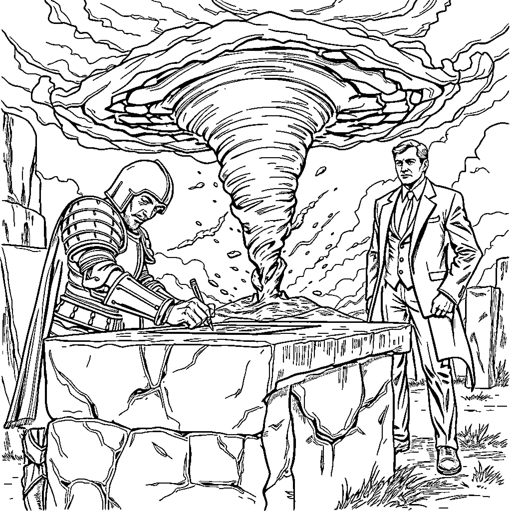 Man confronting a powerful tornado in an office setting Coloring Page (free black-and-white line drawing printable PDF for all, from beginners to advanced learners, including children, teens, adults, and seniors)