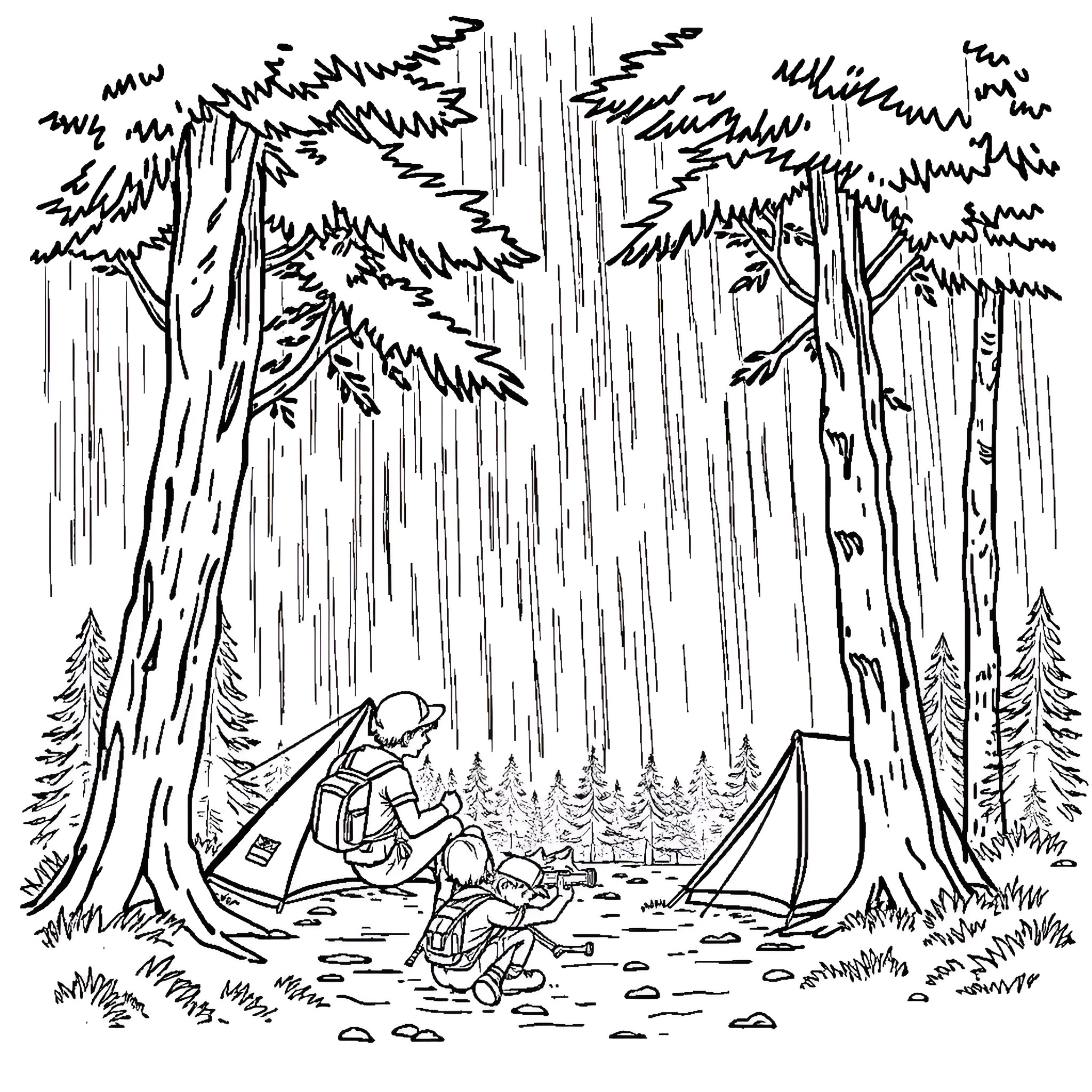 Scout camping in the forest under the rain Coloring Page (free black-and-white line drawing printable PDF for all, from beginners to advanced learners, including children, teens, adults, and seniors)