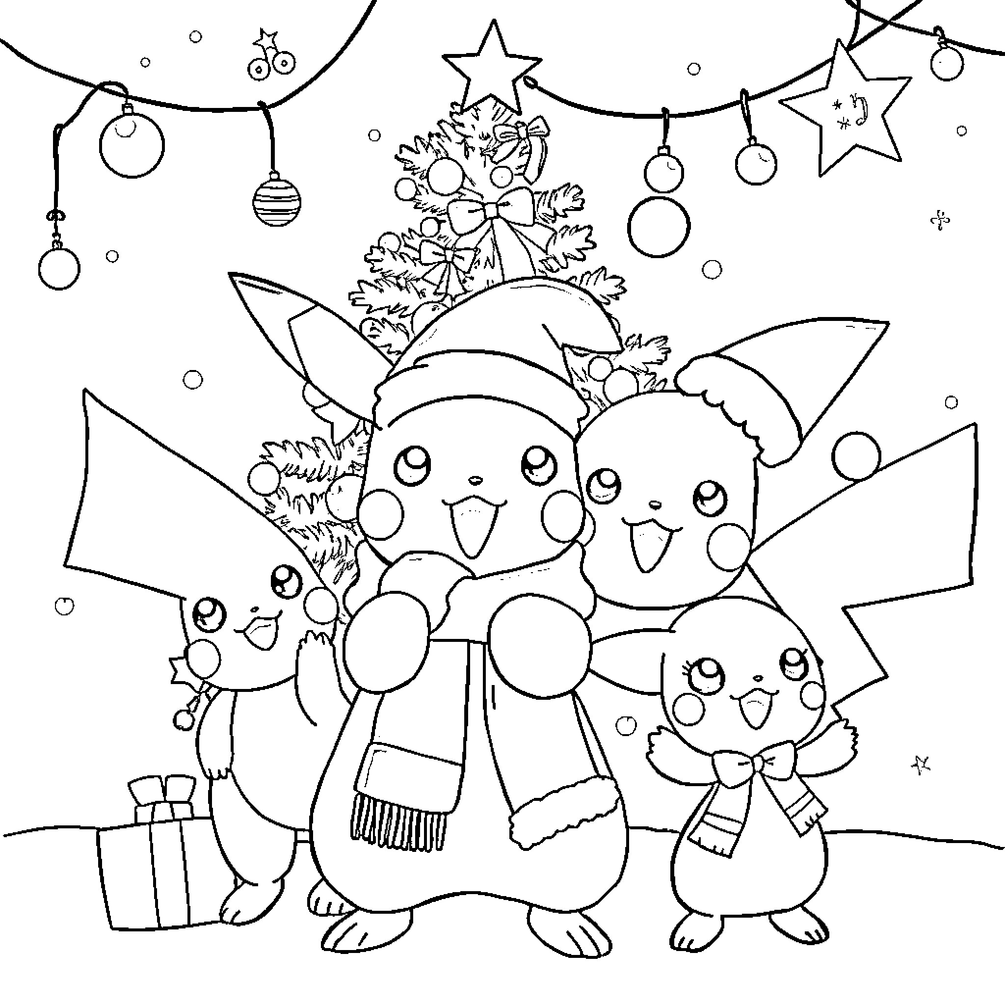 Pokémon characters celebrating holidays with decorations Coloring Page (free black-and-white line drawing printable PDF for all, from beginners to advanced learners, including children, teens, adults, and seniors)