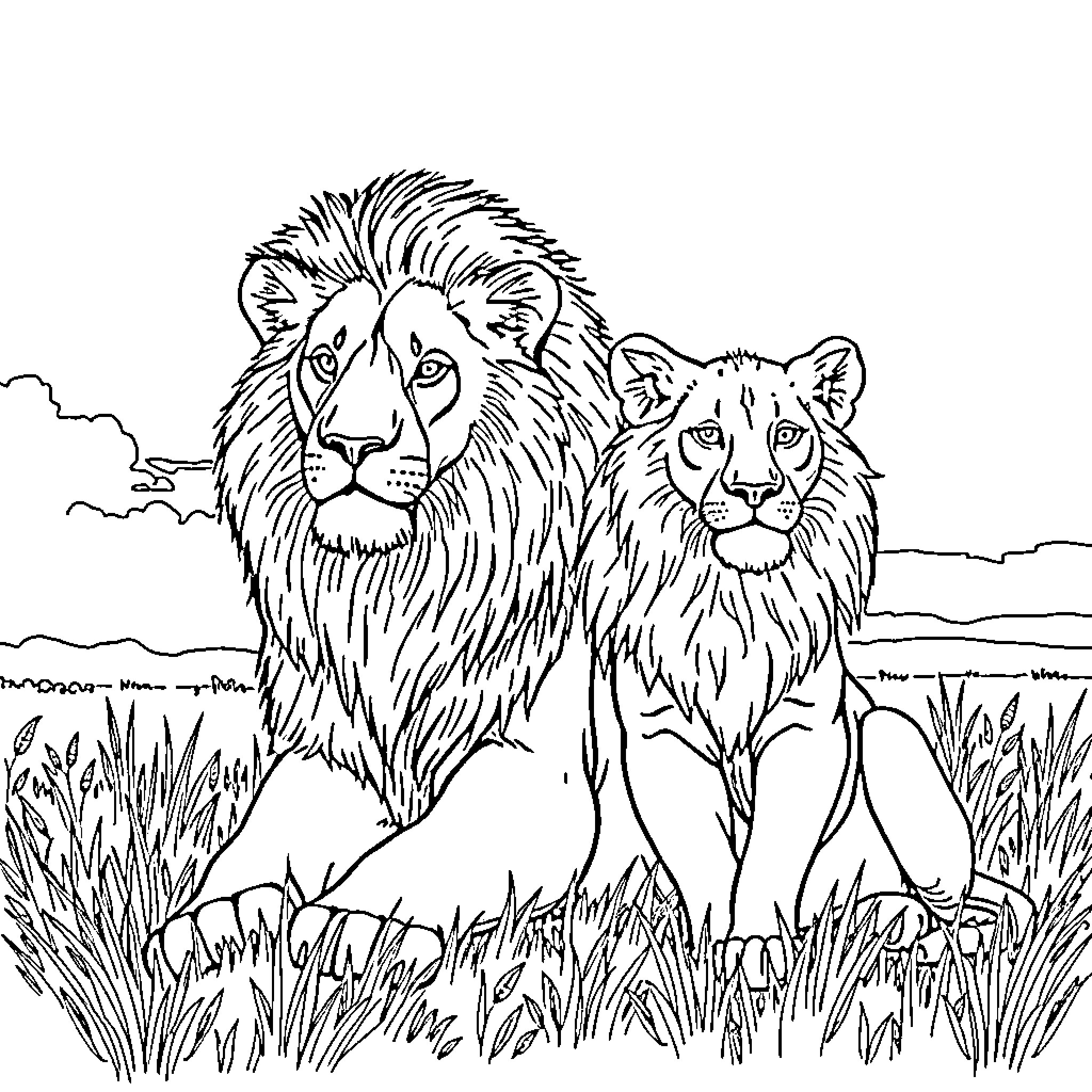 Lion pair resting in the wild Coloring Page (free black-and-white line drawing printable PDF for all, from beginners to advanced learners, including children, teens, adults, and seniors)