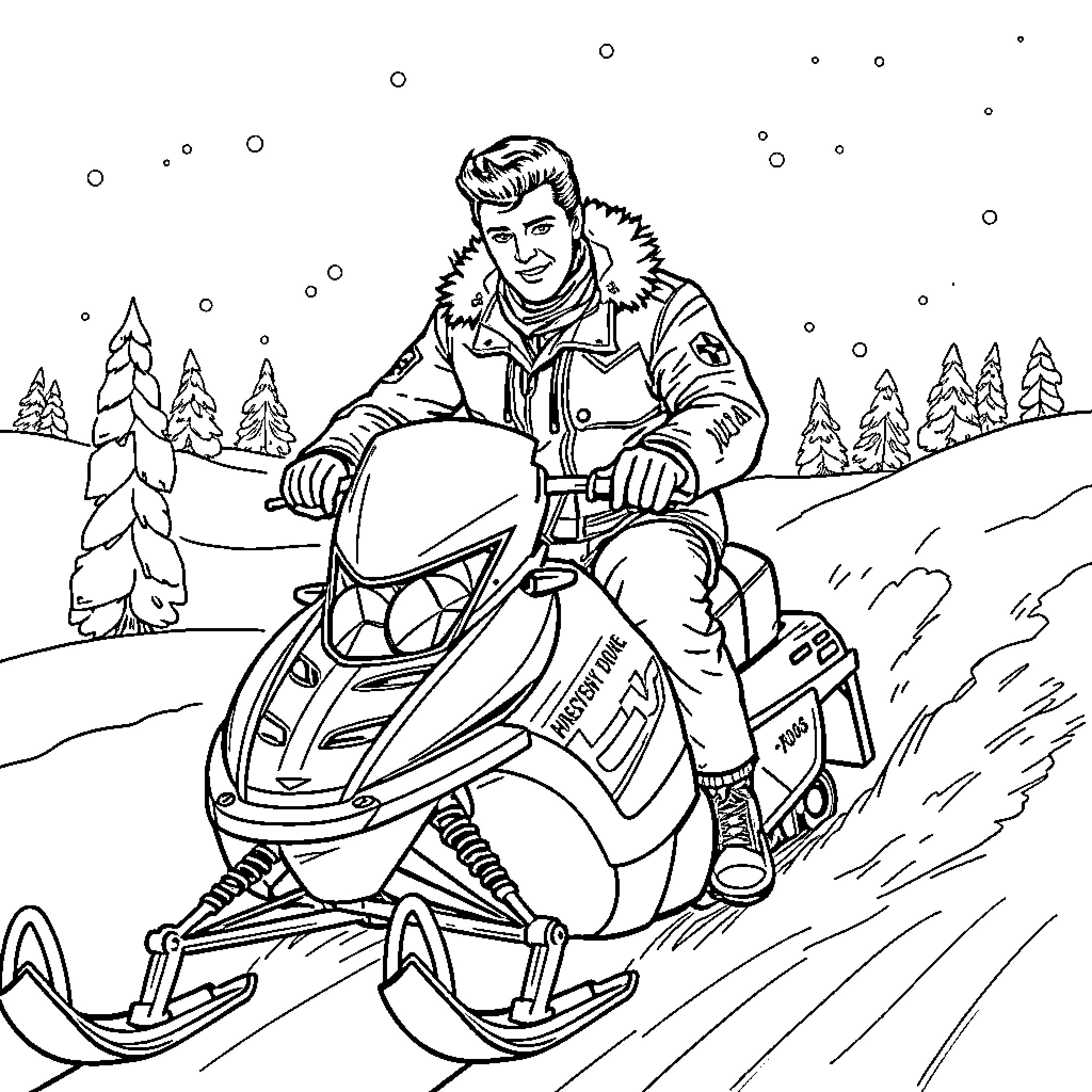 Elvis Presley riding a snowmobile through a snowy landscape Coloring Page (free black-and-white line drawing printable PDF for all, from beginners to advanced learners, including children, teens, adults, and seniors)