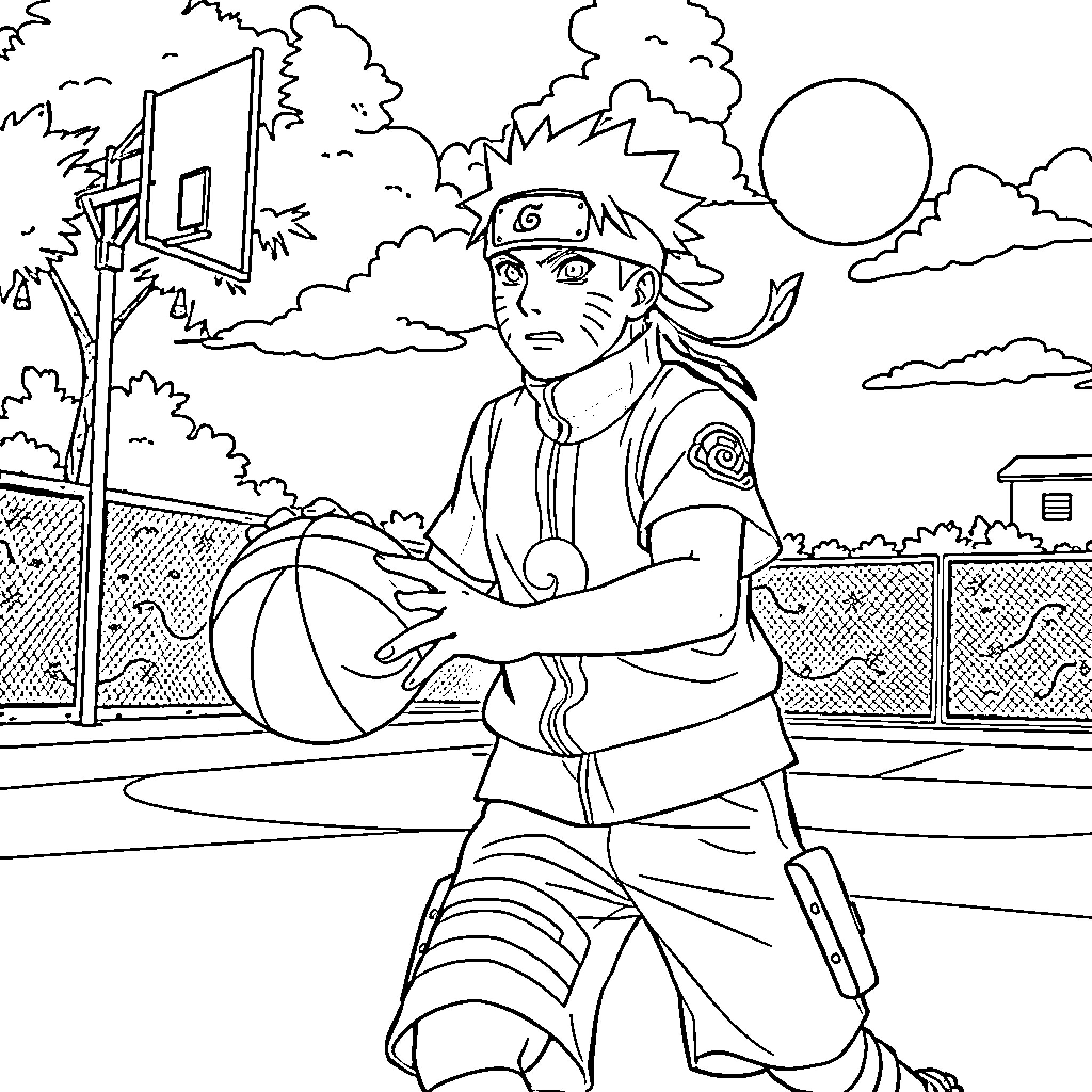 Naruto playing basketball on the court Coloring Page (free black-and-white line drawing printable PDF for all, from beginners to advanced learners, including children, teens, adults, and seniors)