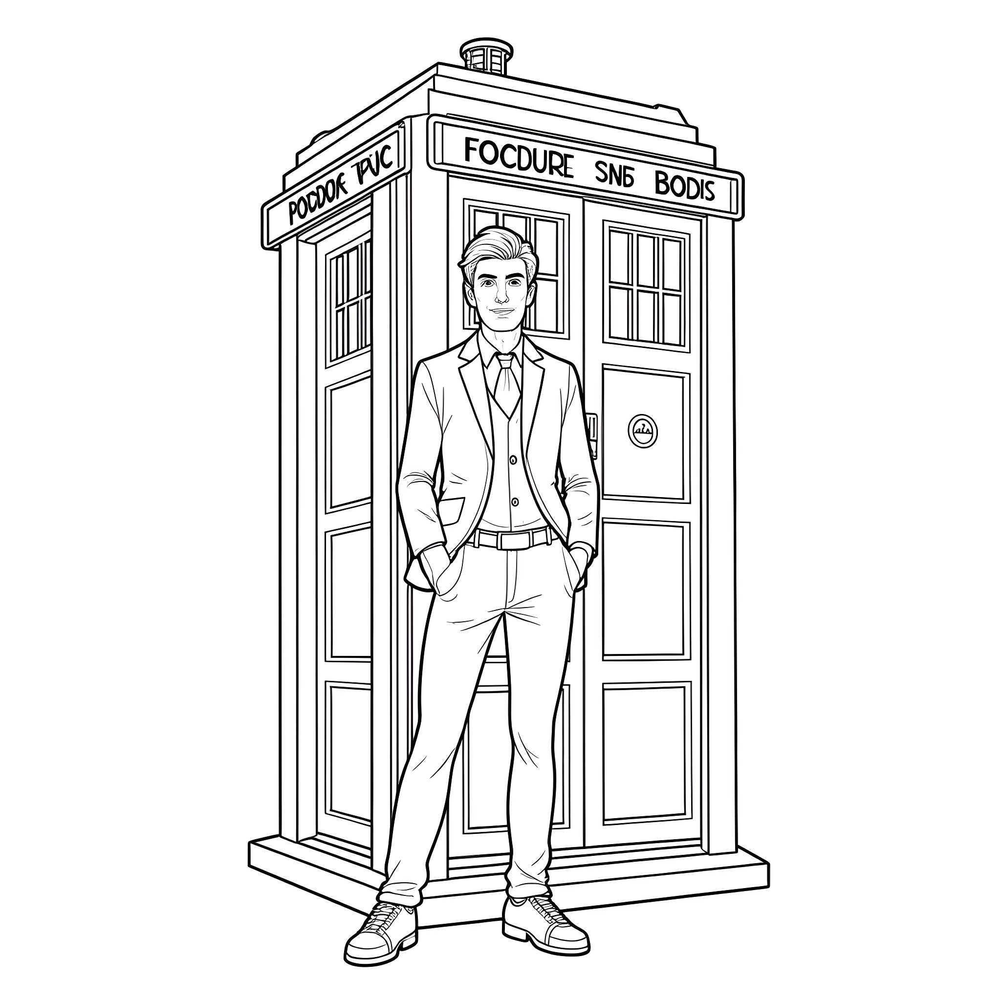 Doctor Who stands in front of a classic police box Coloring Page (free black-and-white line drawing printable PDF for all, from beginners to advanced learners, including children, teens, adults, and seniors)