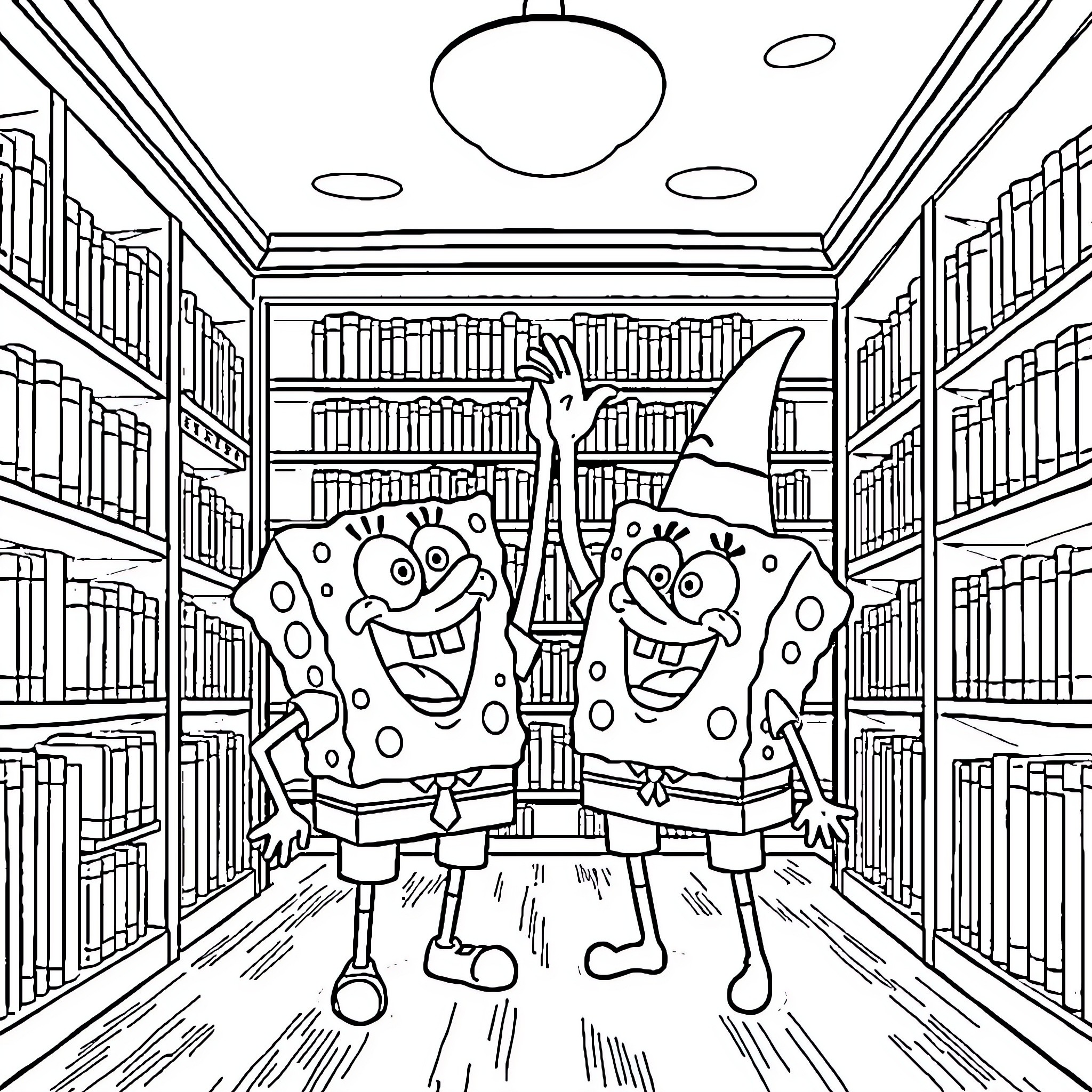 Spongebob and Patrick Explore the Library Coloring Page (free black-and-white line drawing printable PDF for all, from beginners to advanced learners, including children, teens, adults, and seniors)