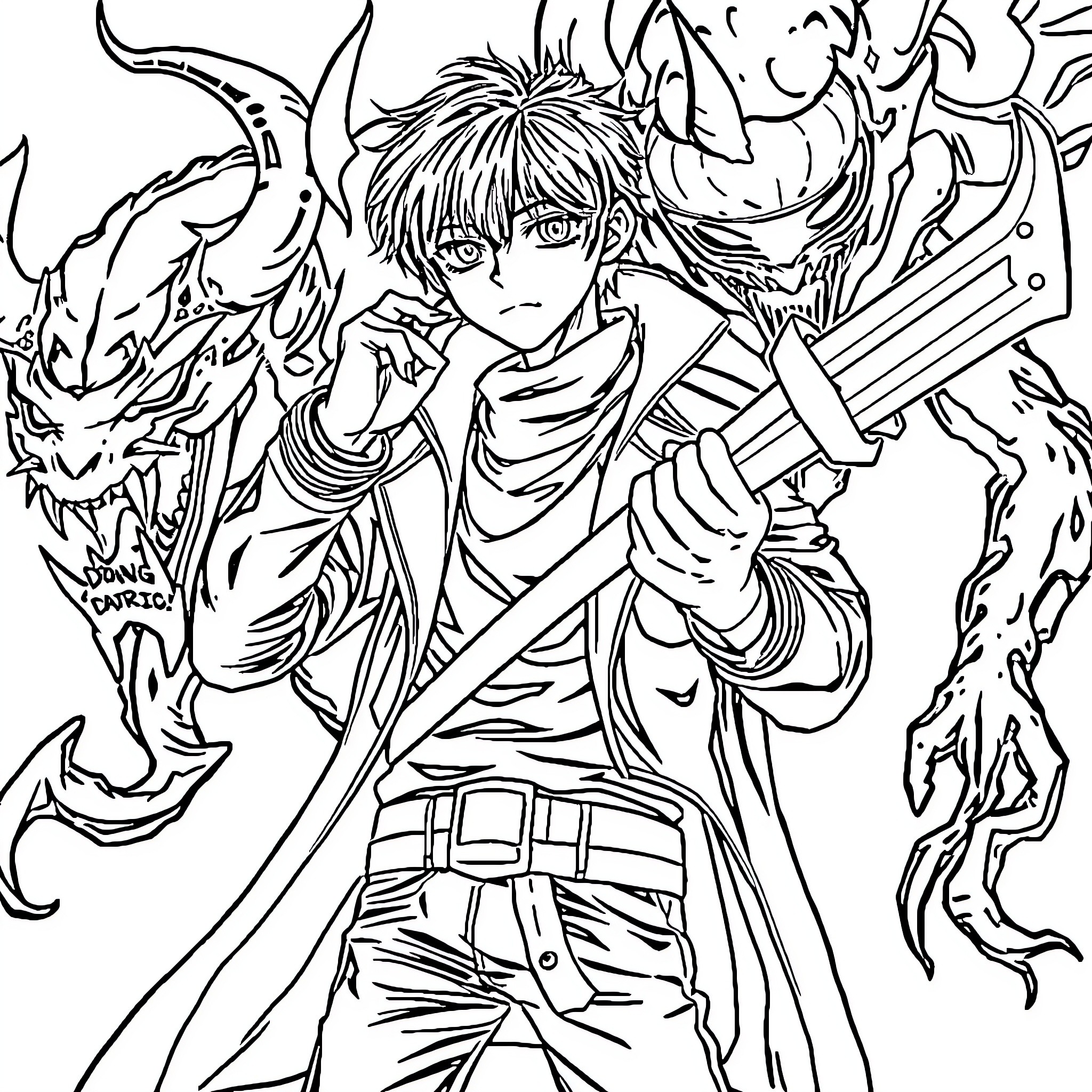 Demon Hunter battles fierce demonic entity Coloring Page (free black-and-white line drawing printable PDF for all, from beginners to advanced learners, including children, teens, adults, and seniors)