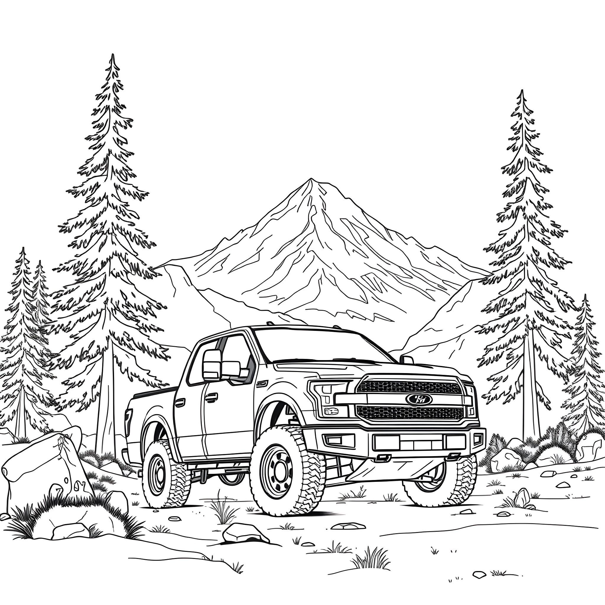 Pick Up Truck Exploring Mountain Landscape Coloring Page (free black-and-white line drawing printable PDF for all, from beginners to advanced learners, including children, teens, adults, and seniors)