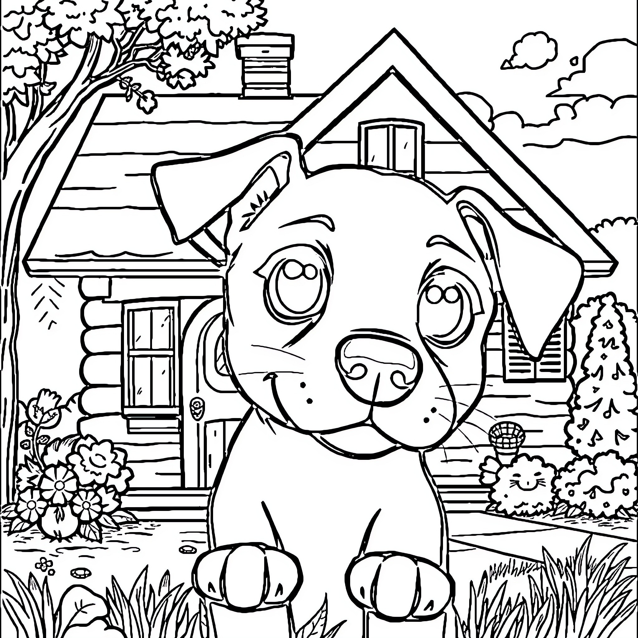 Dog Posing Happily in Front of Cozy Cabin Coloring Page (free black-and-white line drawing printable PDF for all, from beginners to advanced learners, including children, teens, adults, and seniors)