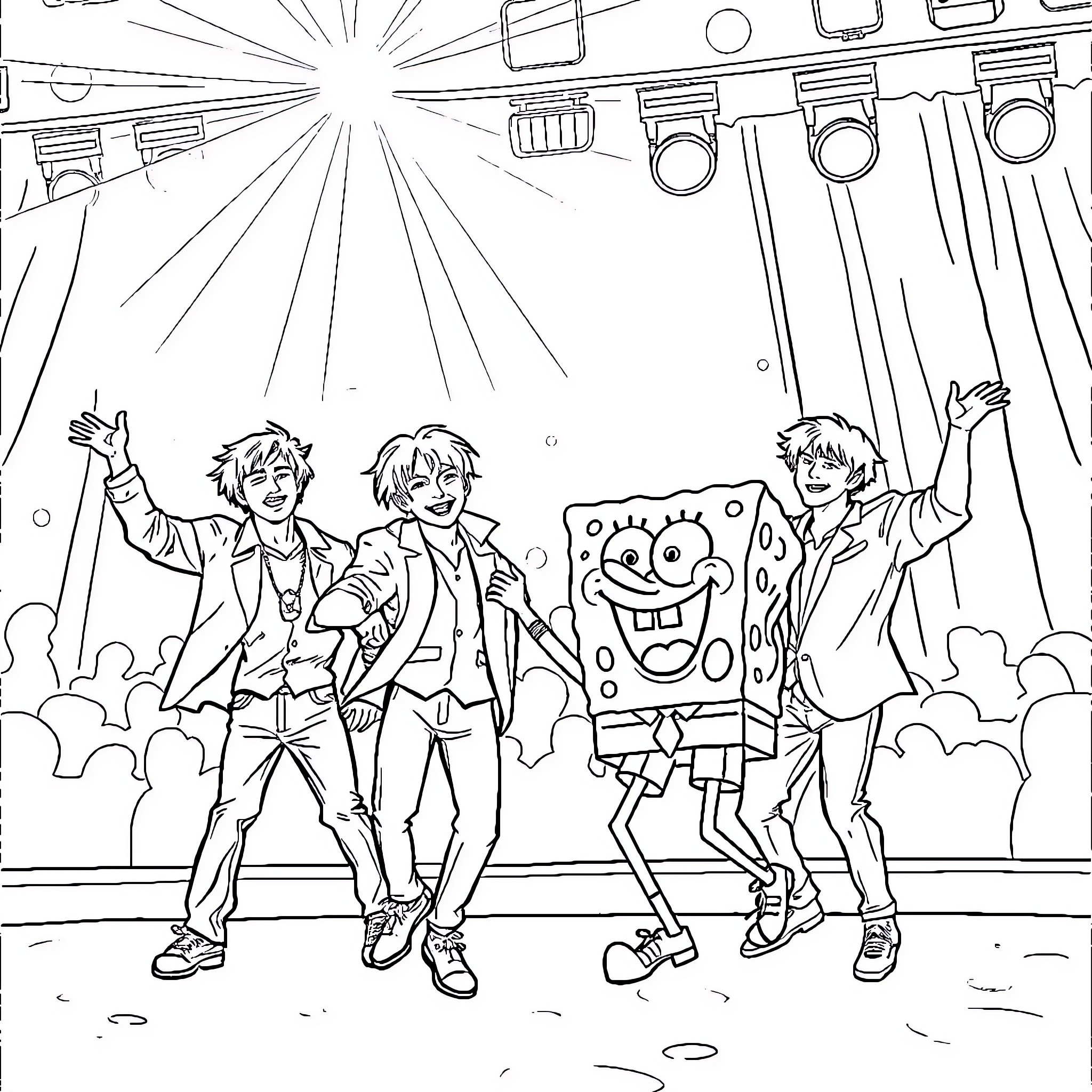 BTS Performing on Stage with Cartoon Character Coloring Page (free black-and-white line drawing printable PDF for all, from beginners to advanced learners, including children, teens, adults, and seniors)