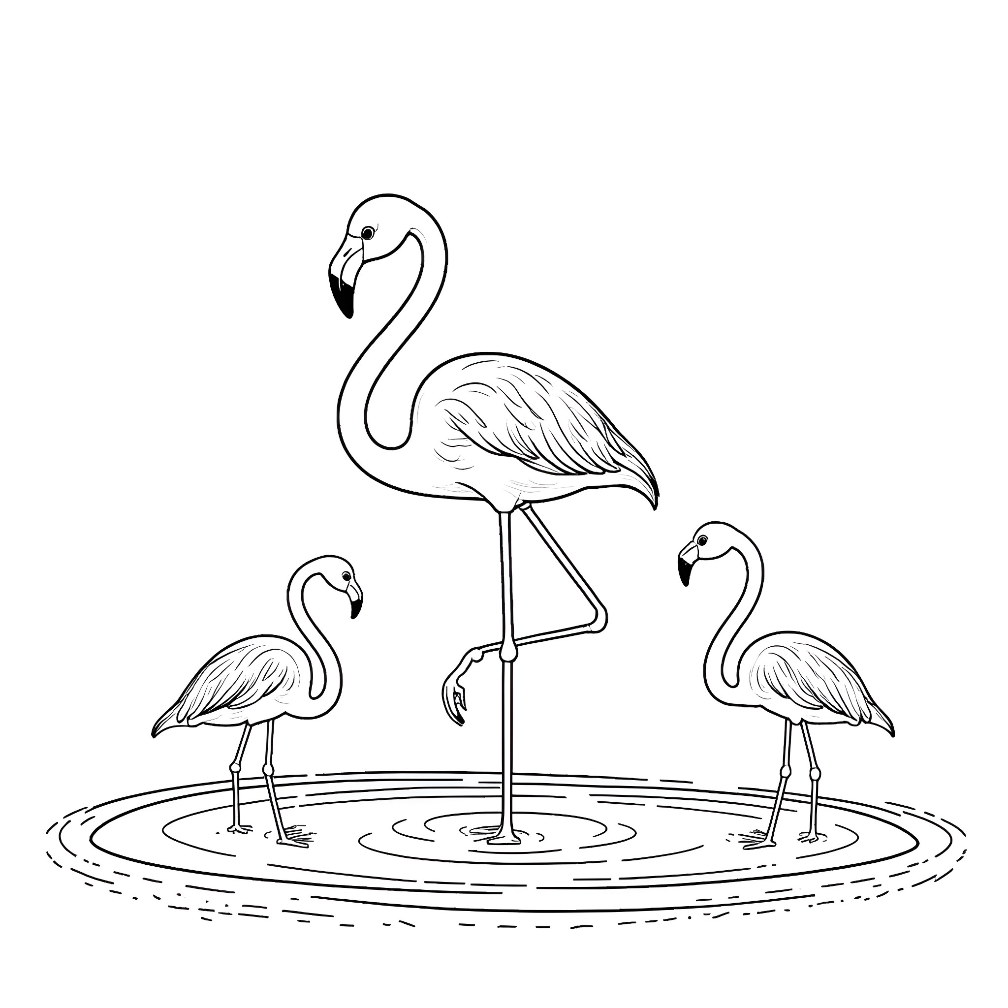Flamingos standing in a tranquil pond Coloring Page (free black-and-white line drawing printable PDF for all, from beginners to advanced learners, including children, teens, adults, and seniors)