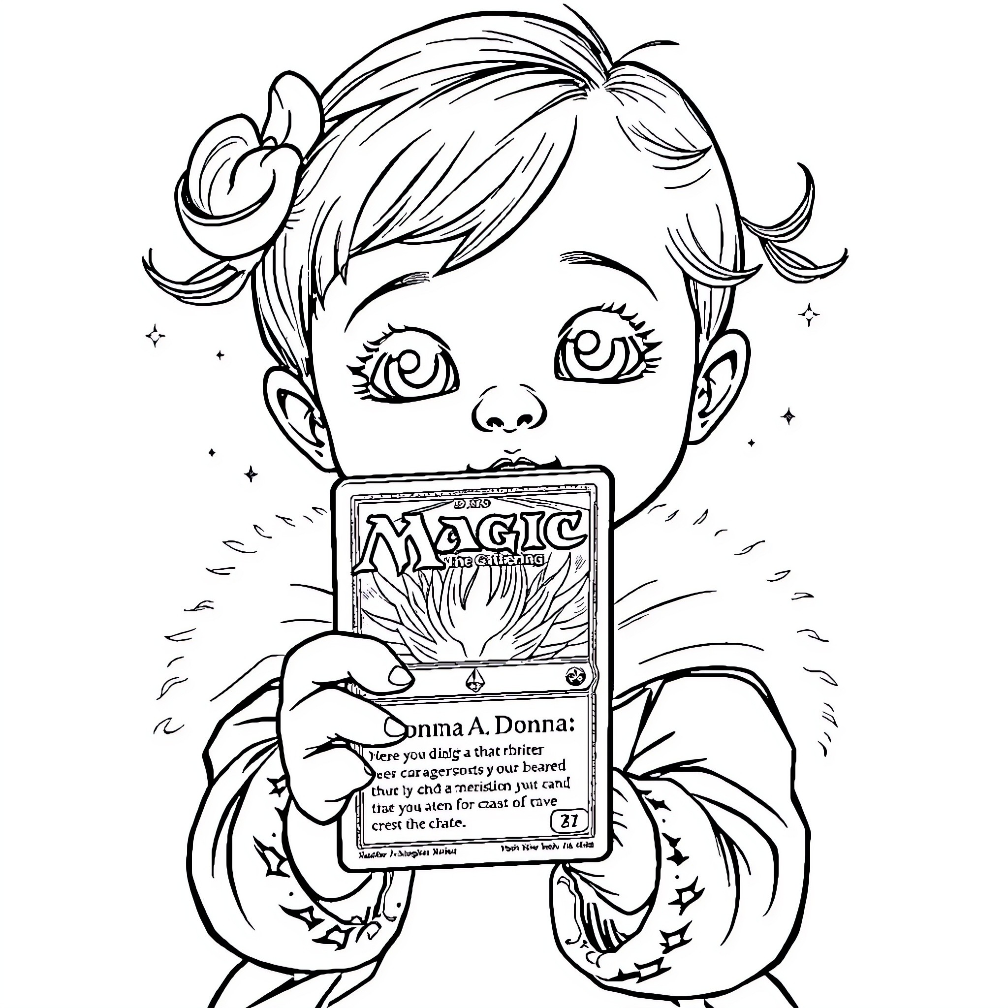 Baby playing with magic card game Coloring Page (free black-and-white line drawing printable PDF for all, from beginners to advanced learners, including children, teens, adults, and seniors)