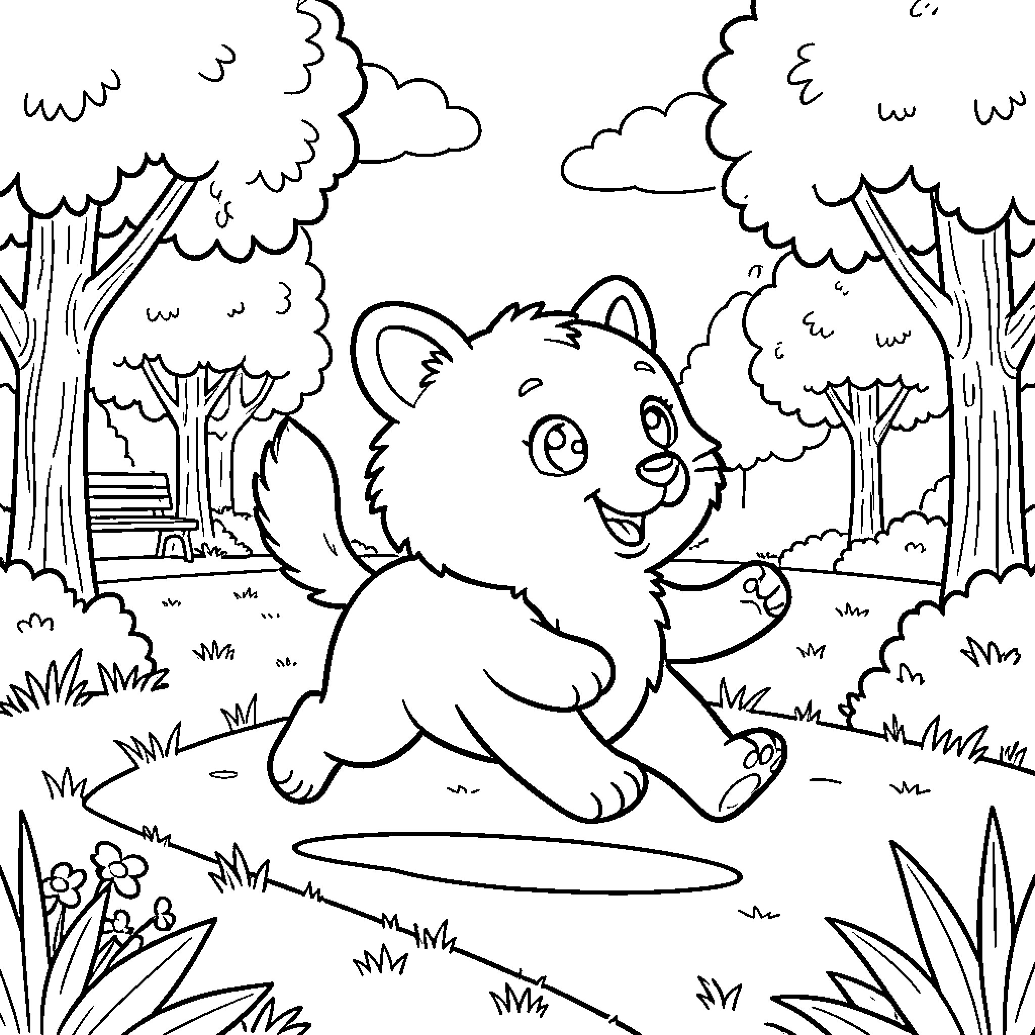 Animal exploring the forest happily Coloring Page (free black-and-white line drawing printable PDF for all, from beginners to advanced learners, including children, teens, adults, and seniors)