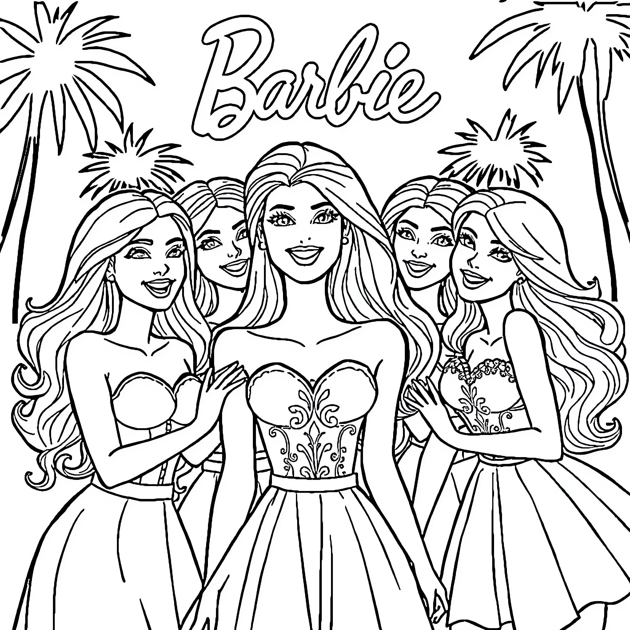 Barbie and Friends Posing in Fashionable Dresses Coloring Page (free black-and-white line drawing printable PDF for all, from beginners to advanced learners, including children, teens, adults, and seniors)