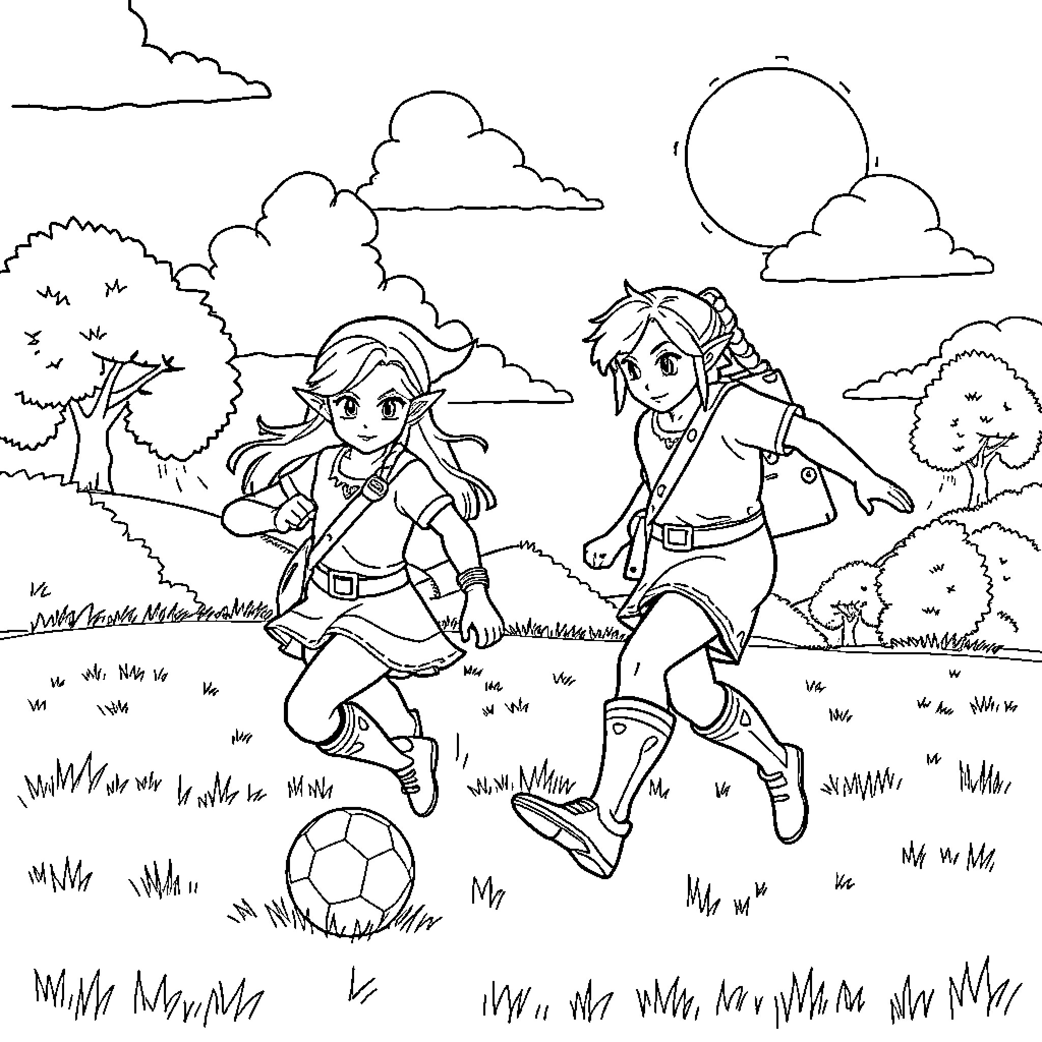 Link exploring the countryside with a companion Coloring Page (free black-and-white line drawing printable PDF for all, from beginners to advanced learners, including children, teens, adults, and seniors)