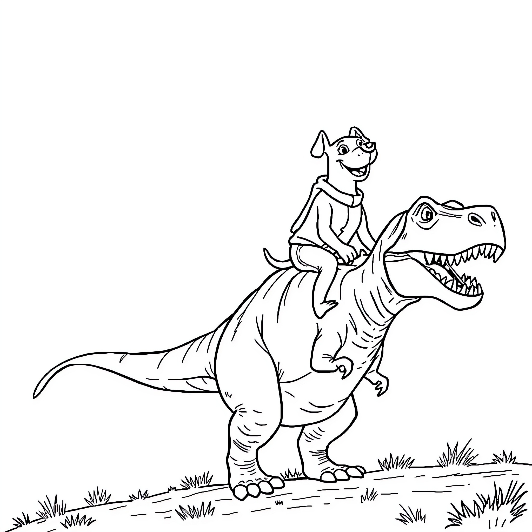 Dog Man riding a playful dinosaur Coloring Page (free black-and-white line drawing printable PDF for all, from beginners to advanced learners, including children, teens, adults, and seniors)