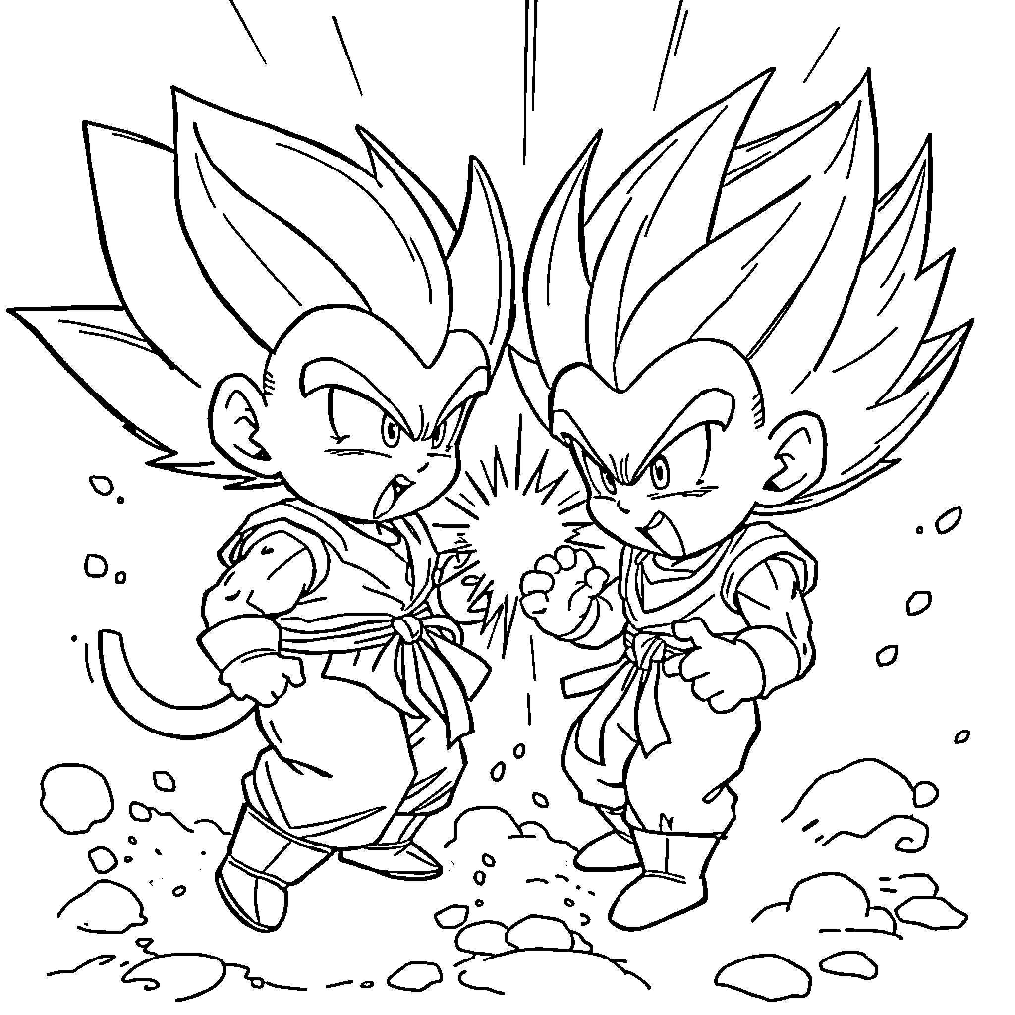Goku and Vegeta battling with intense energy Coloring Page (free black-and-white line drawing printable PDF for all, from beginners to advanced learners, including children, teens, adults, and seniors)