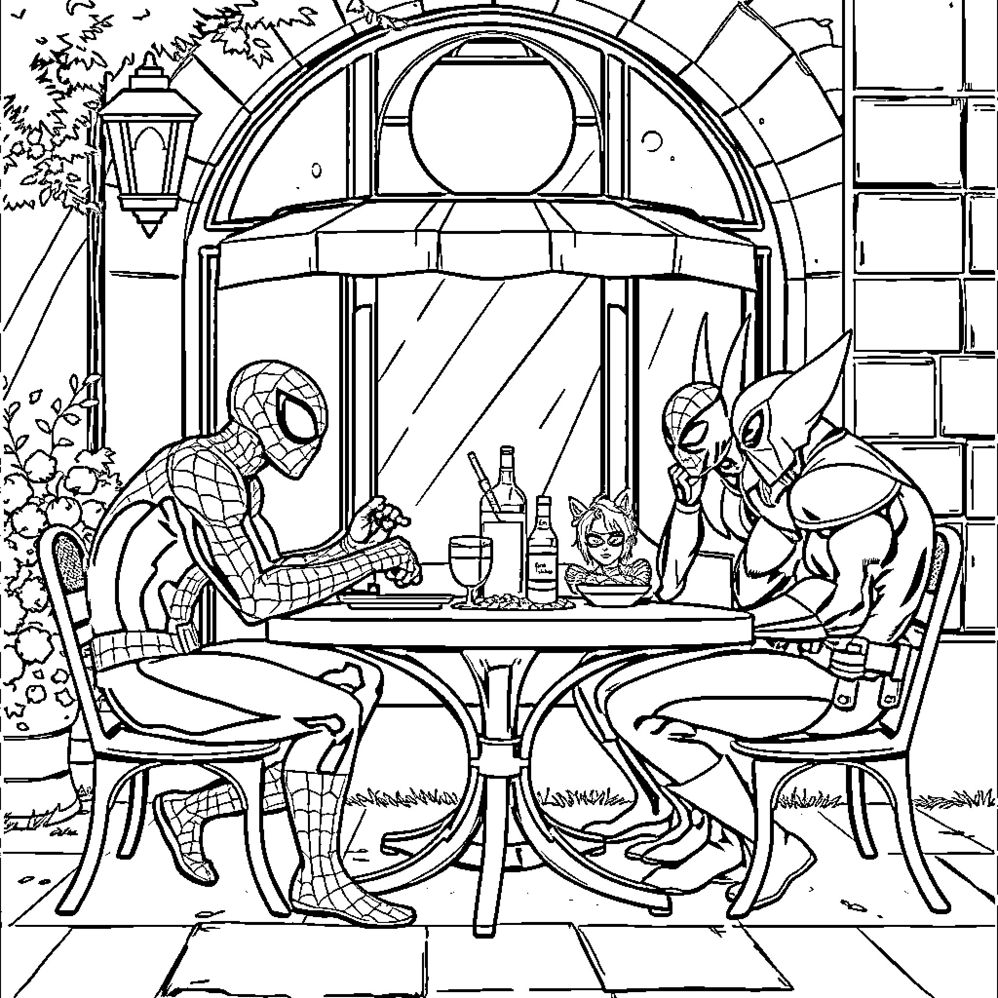 Spider-Man enjoying a cozy meal with friends Coloring Page (free black-and-white line drawing printable PDF for all, from beginners to advanced learners, including children, teens, adults, and seniors)