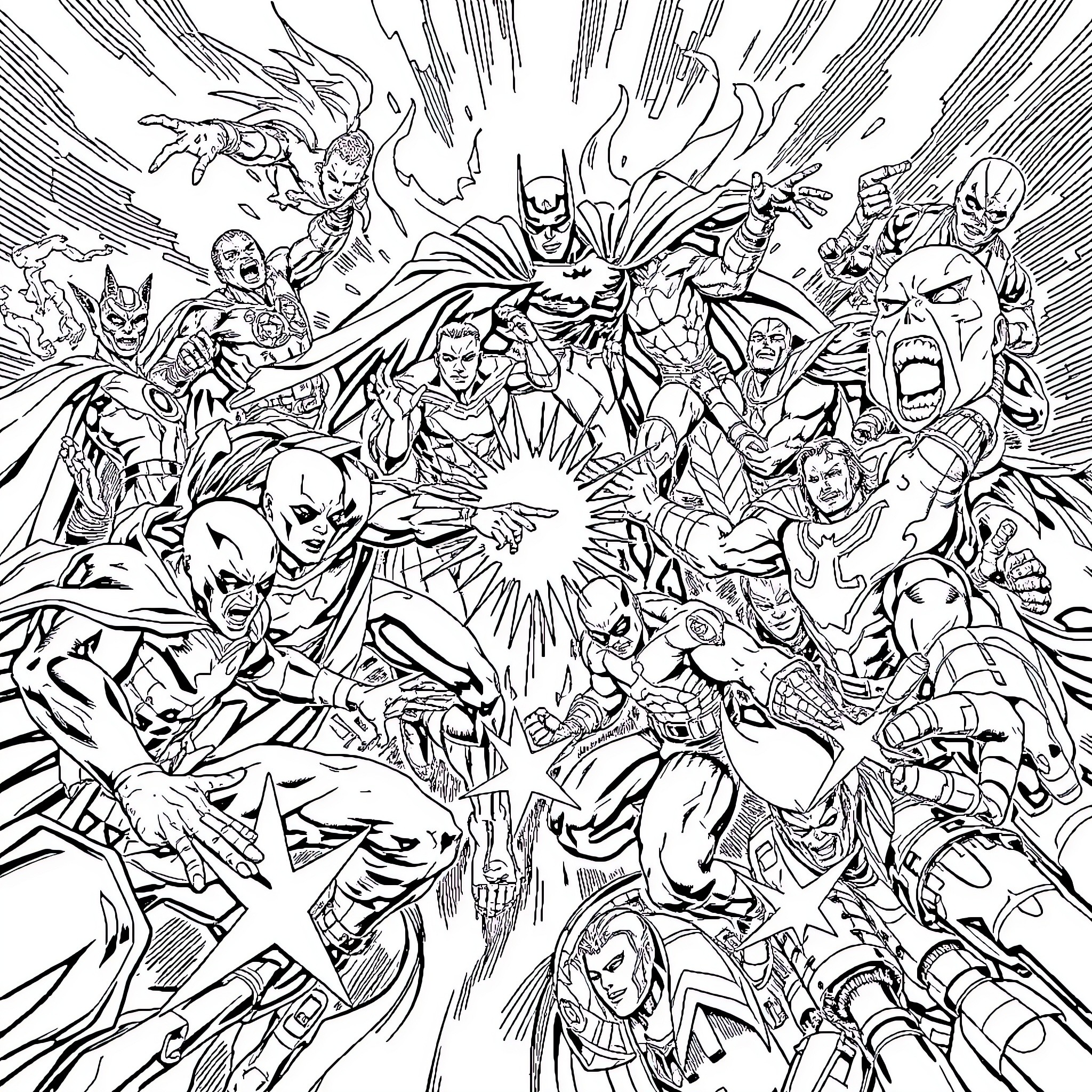 Marvel vs DC Superheroes in Epic Battle Coloring Page (free black-and-white line drawing printable PDF for all, from beginners to advanced learners, including children, teens, adults, and seniors)