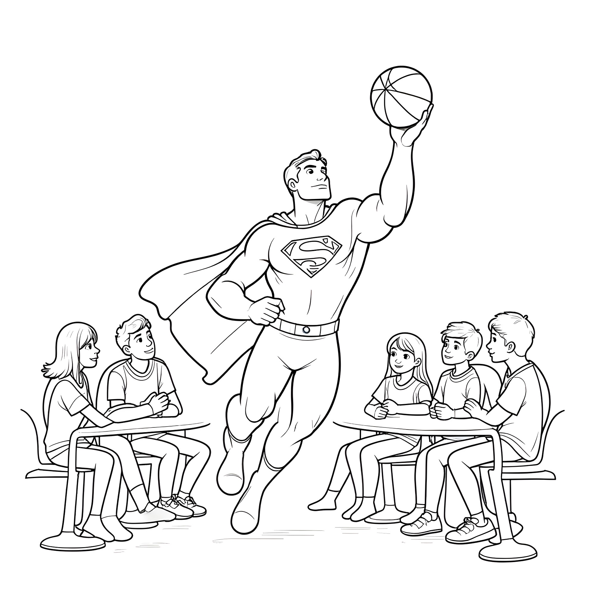 Superman playing basketball with friends Coloring Page (free black-and-white line drawing printable PDF for all, from beginners to advanced learners, including children, teens, adults, and seniors)