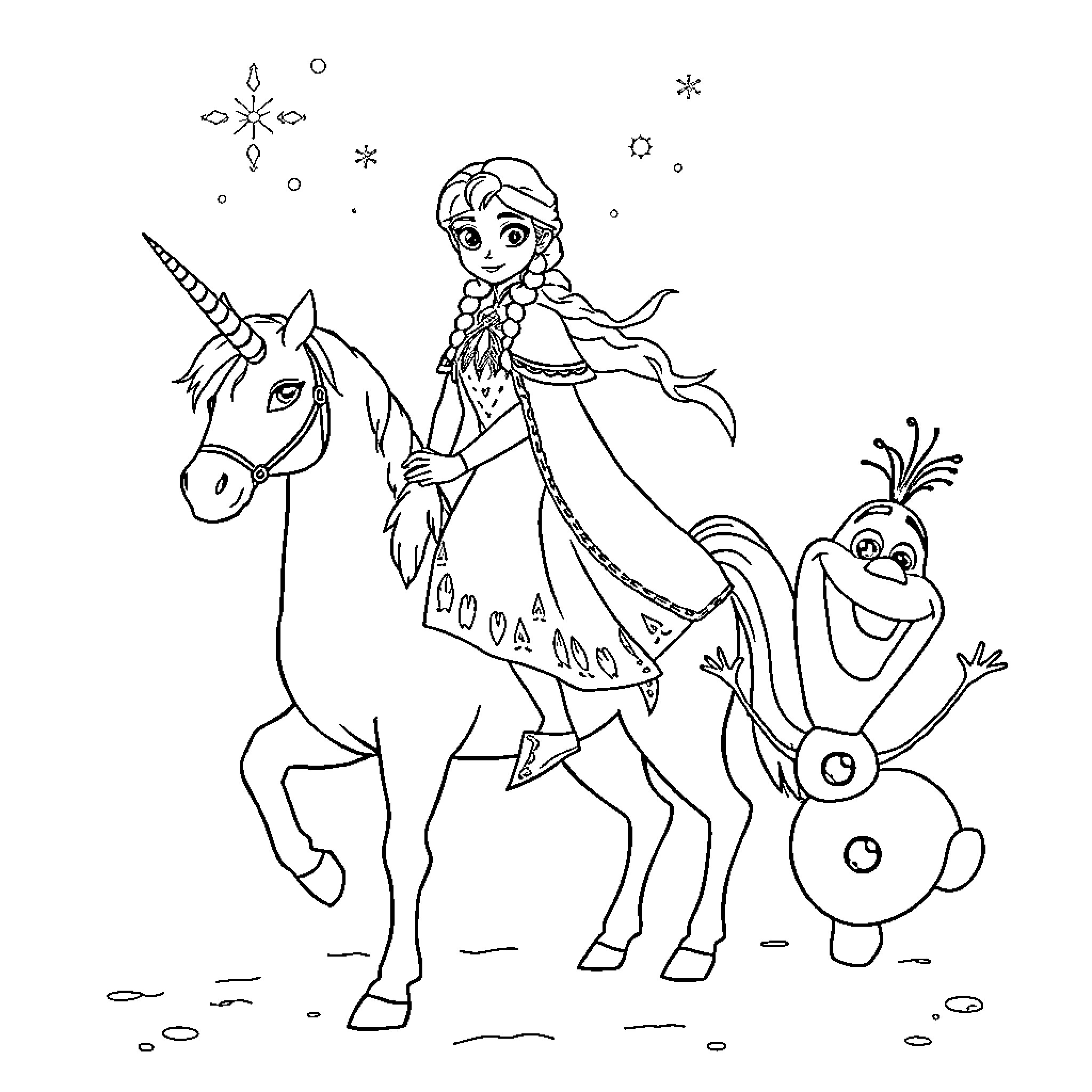 Anna riding a unicorn with Olaf the snowman Coloring Page (free black-and-white line drawing printable PDF for all, from beginners to advanced learners, including children, teens, adults, and seniors)