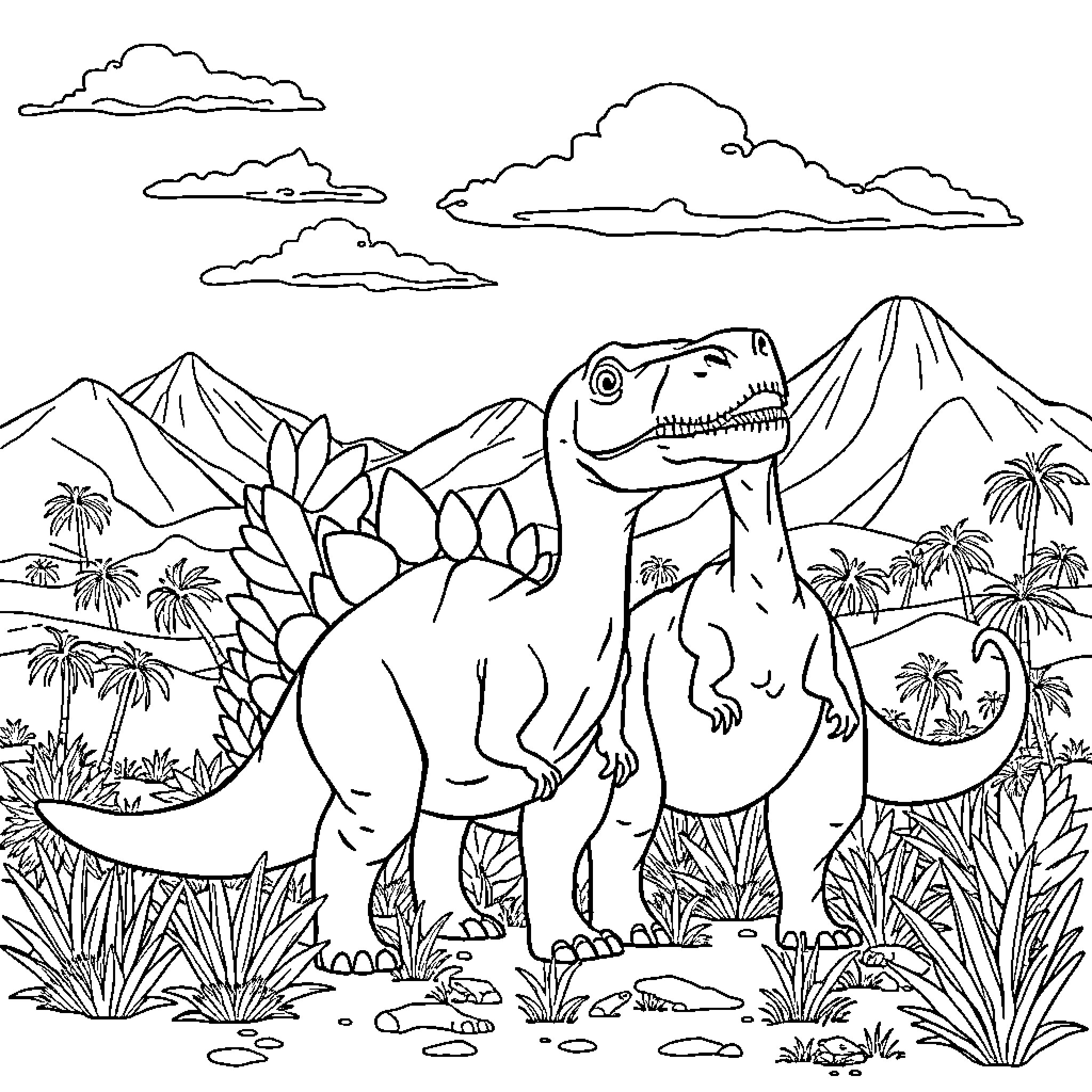 Dinosaur exploring prehistoric landscape Coloring Page (free black-and-white line drawing printable PDF for all, from beginners to advanced learners, including children, teens, adults, and seniors)