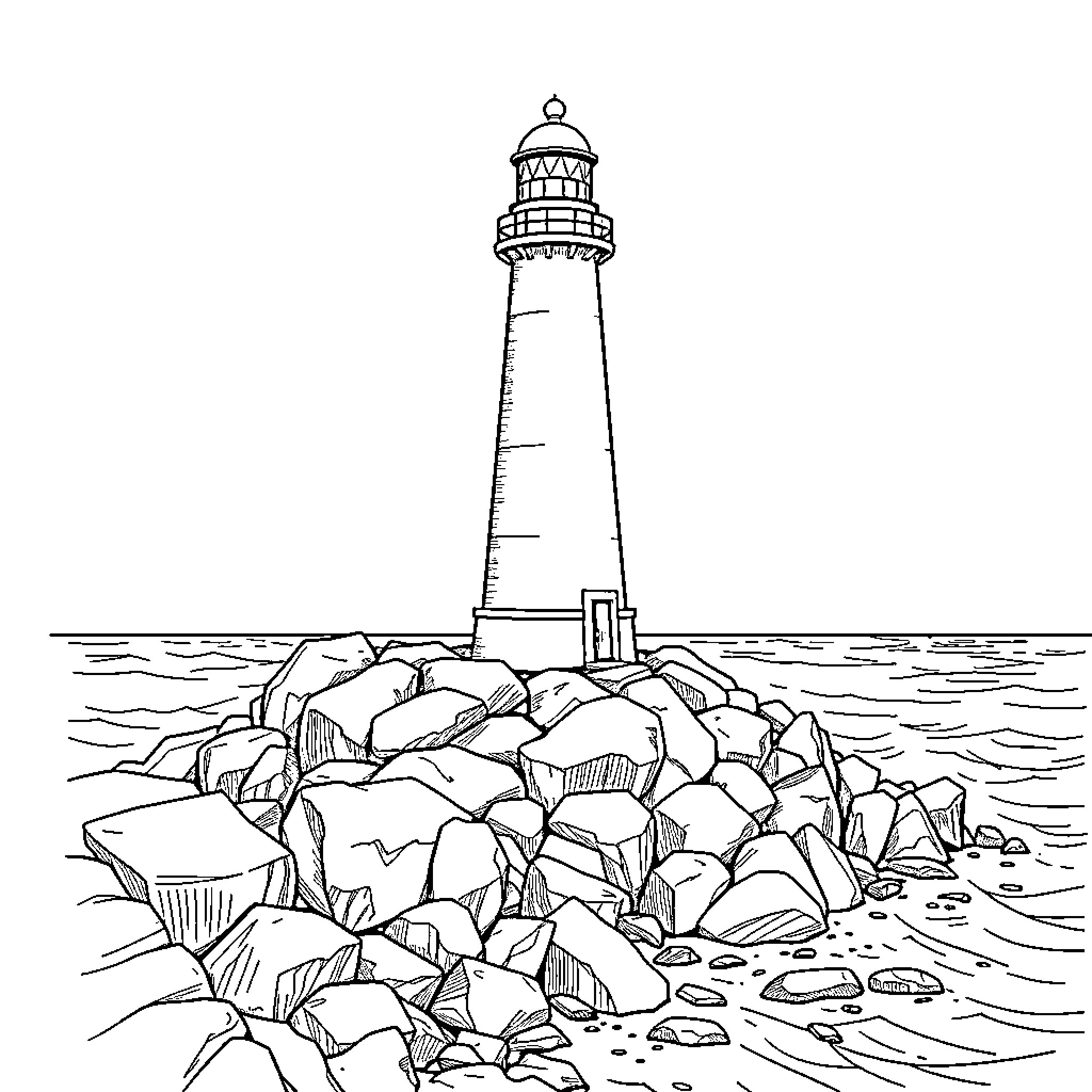 Lighthouse standing tall amidst rocky shoreline Coloring Page (free black-and-white line drawing printable PDF for all, from beginners to advanced learners, including children, teens, adults, and seniors)