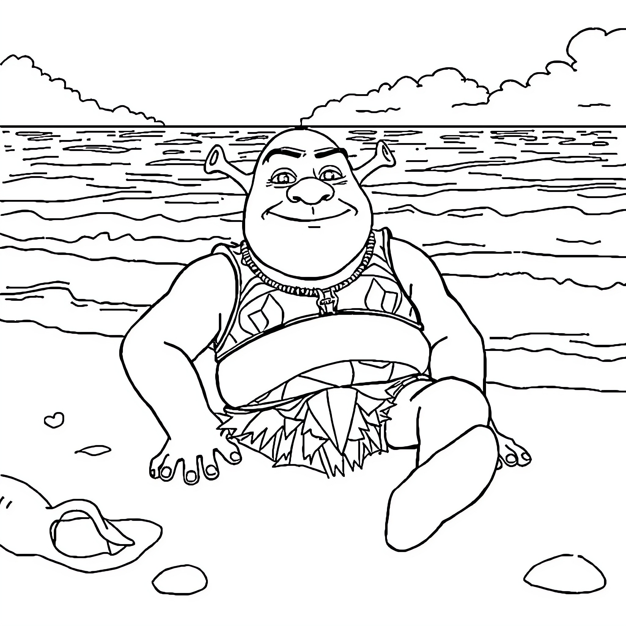 Shrek relaxing at the beach Coloring Page (free black-and-white line drawing printable PDF for all, from beginners to advanced learners, including children, teens, adults, and seniors)