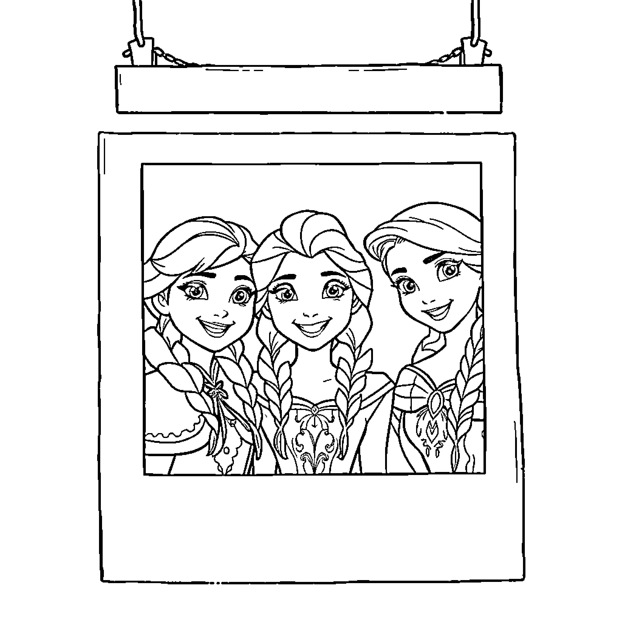 Princess Sisters in Enchanted Garden Coloring Page (free black-and-white line drawing printable PDF for all, from beginners to advanced learners, including children, teens, adults, and seniors)