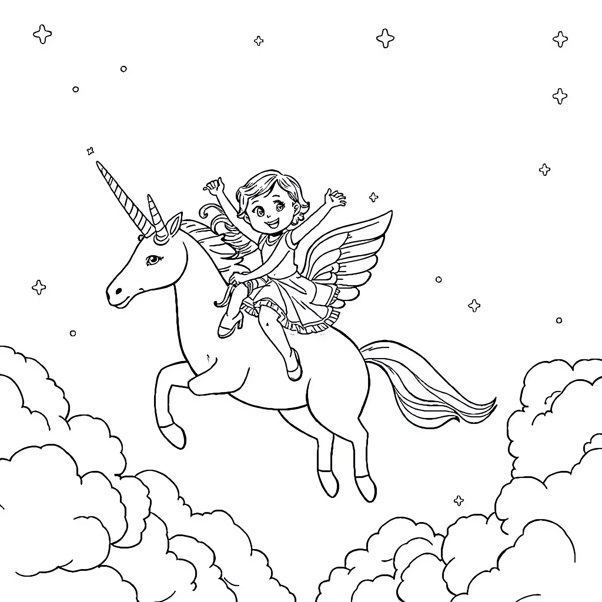 Girl riding magical unicorn in the clouds Coloring Page (free black-and-white line drawing printable PDF for all, from beginners to advanced learners, including children, teens, adults, and seniors)