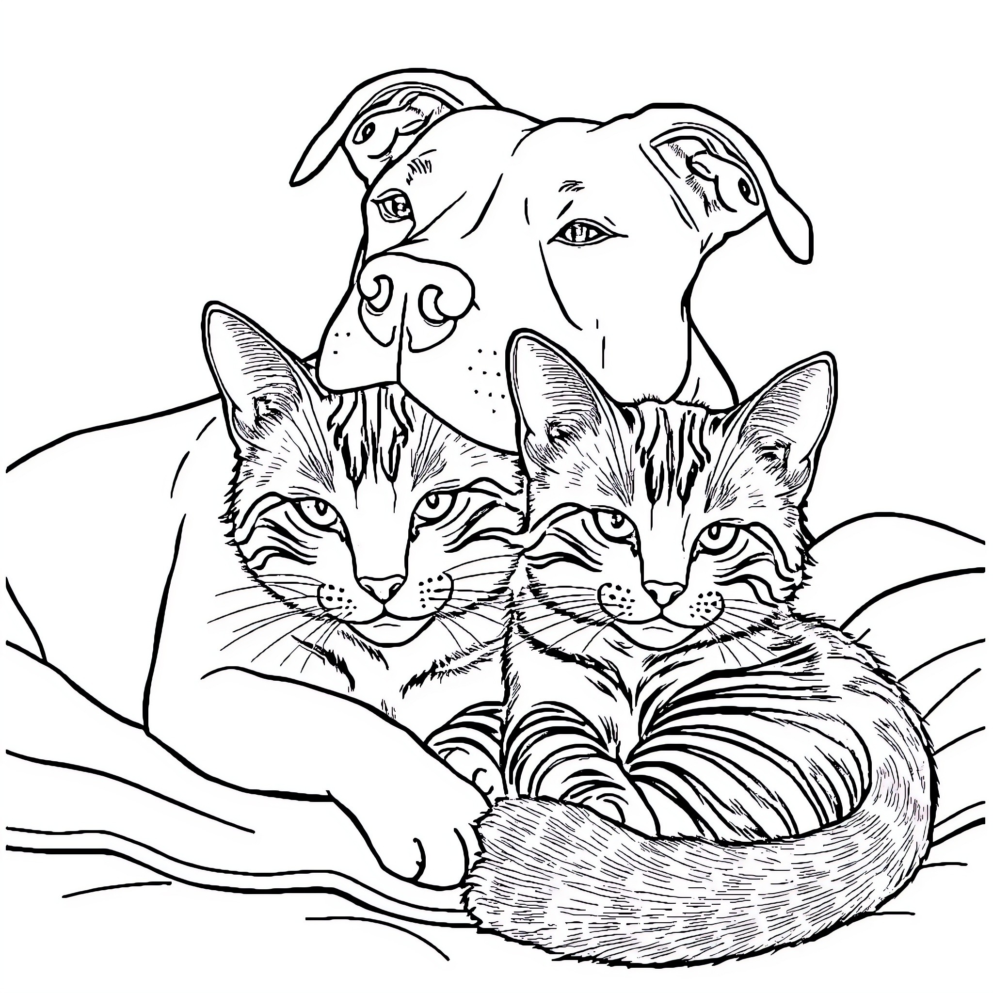 Pitbull and Cats Cuddling Together Coloring Page (free black-and-white line drawing printable PDF for all, from beginners to advanced learners, including children, teens, adults, and seniors)