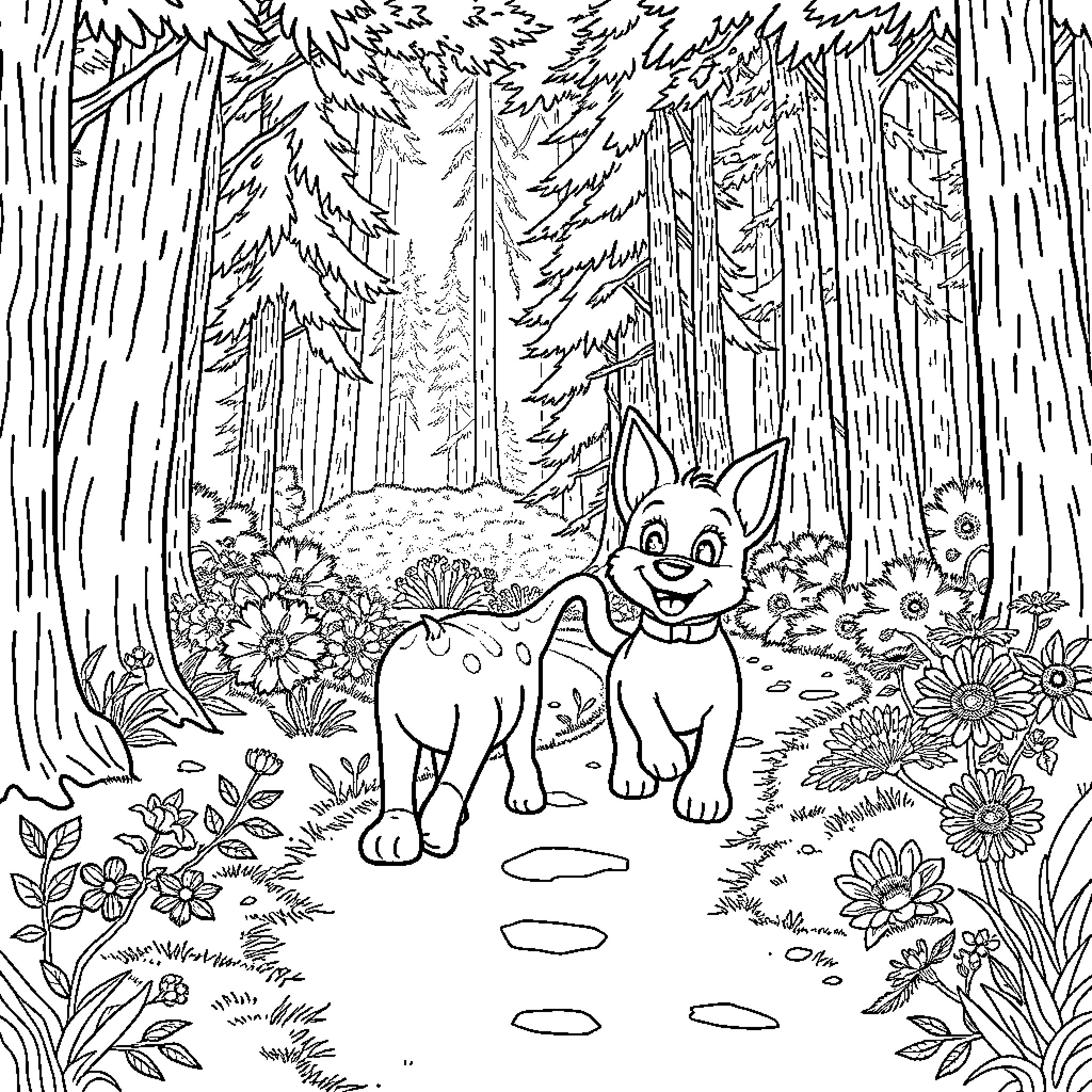 Bluey's Forest Adventure Coloring Page (free black-and-white line drawing printable PDF for all, from beginners to advanced learners, including children, teens, adults, and seniors)