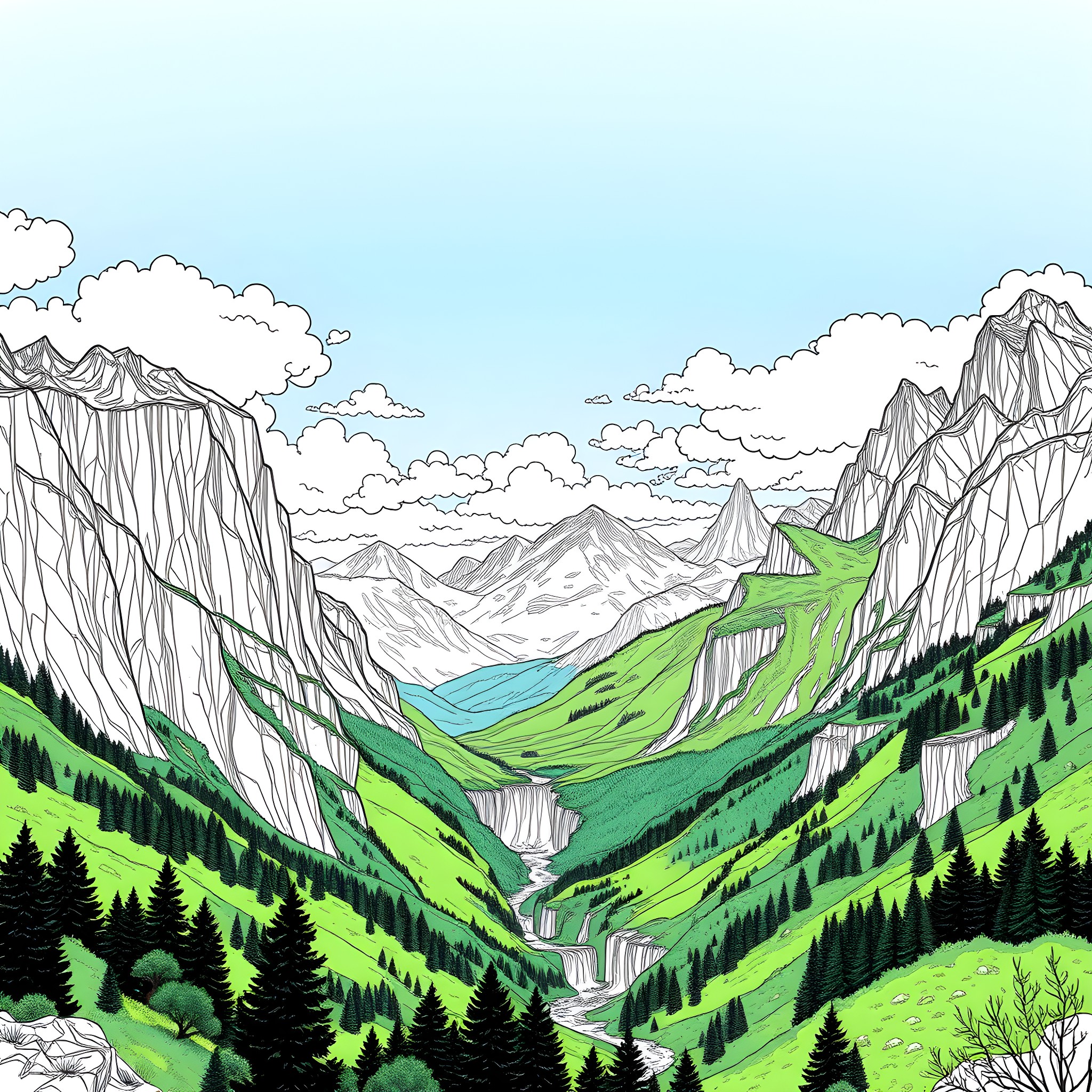 Mountain landscape with lush valleys and towering peaks Coloring Page (free black-and-white line drawing printable PDF for all, from beginners to advanced learners, including children, teens, adults, and seniors)
