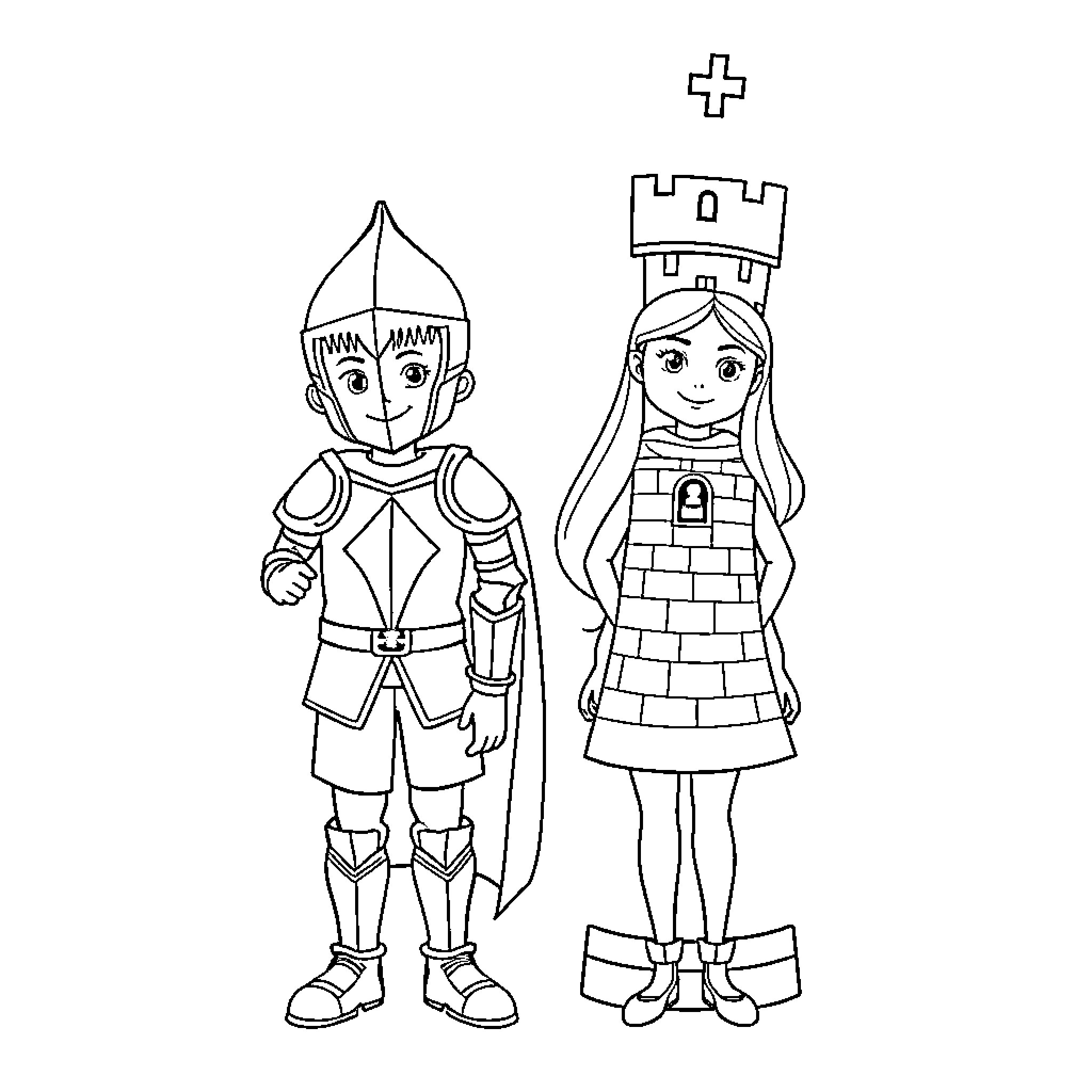 Chess Piece Characters in Medieval Attire Coloring Page (free black-and-white line drawing printable PDF for all, from beginners to advanced learners, including children, teens, adults, and seniors)