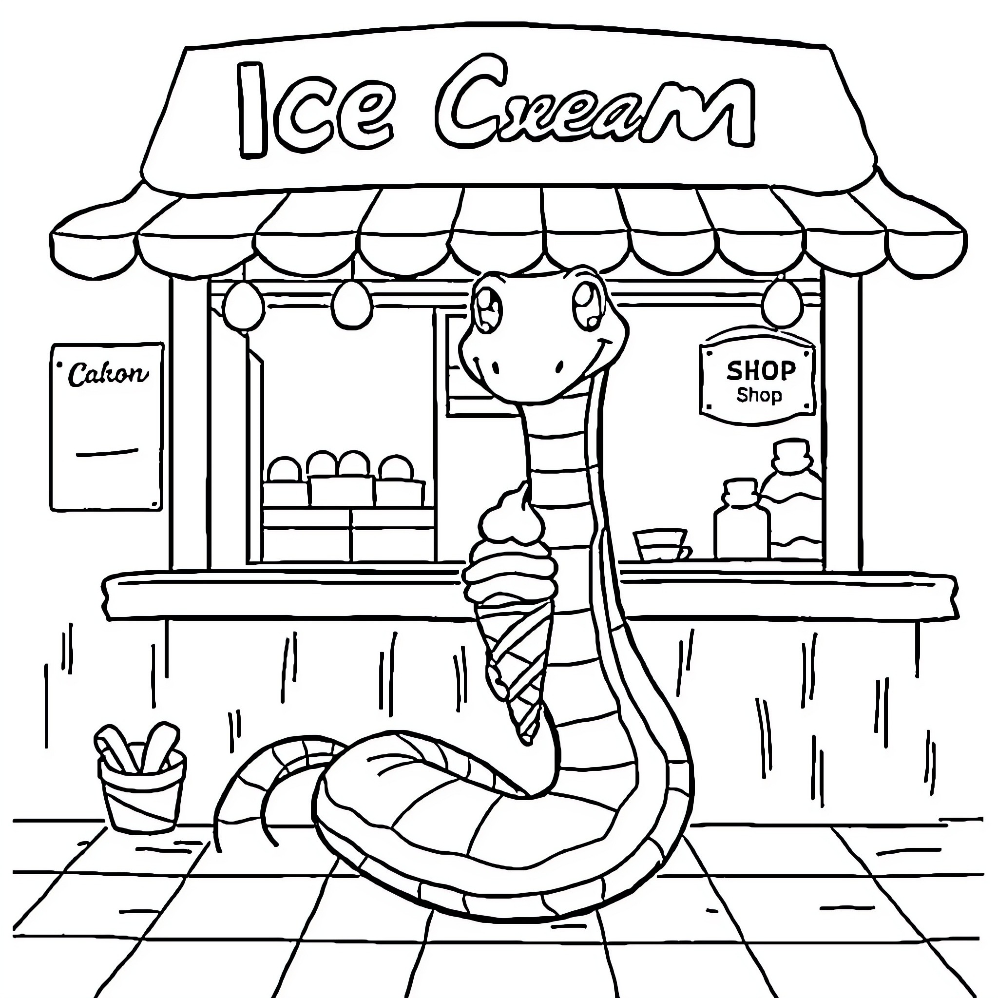Snake working at an ice cream shop Coloring Page (free black-and-white line drawing printable PDF for all, from beginners to advanced learners, including children, teens, adults, and seniors)