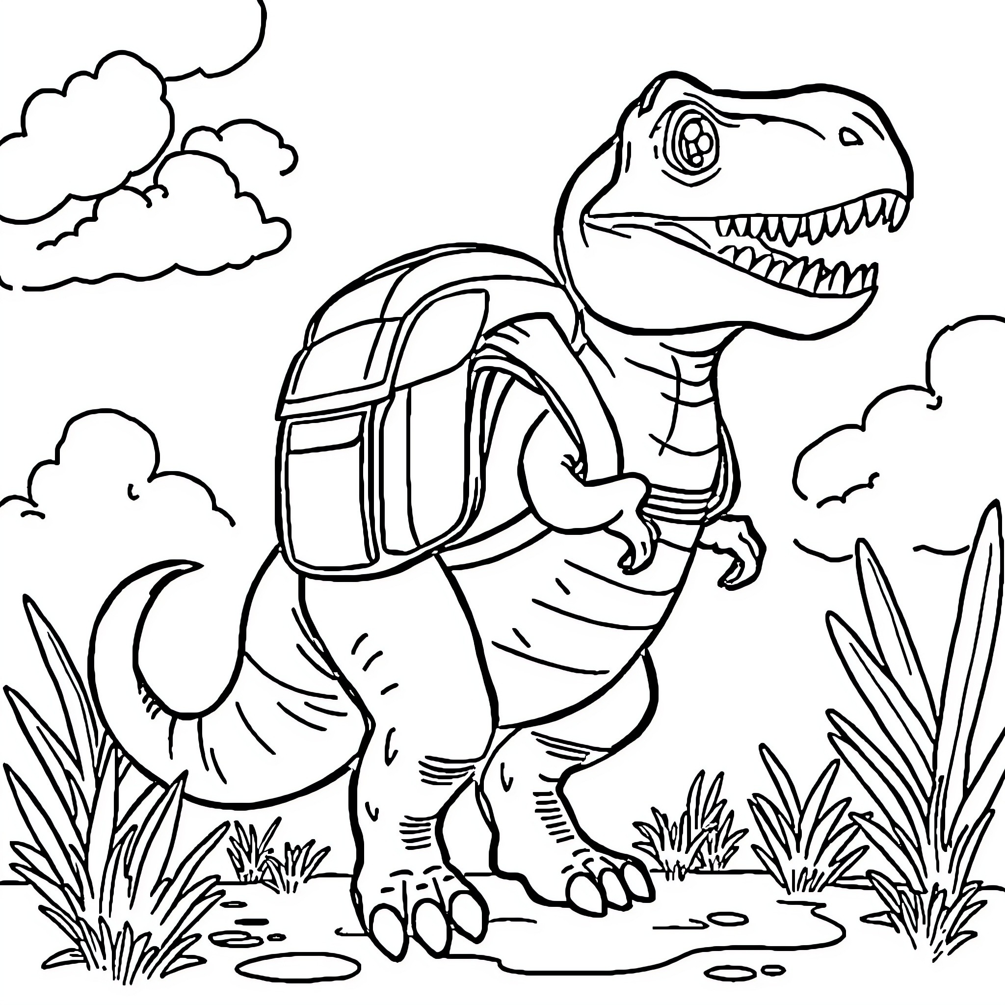 Dinosaur explorer in the wilderness Coloring Page (free black-and-white line drawing printable PDF for all, from beginners to advanced learners, including children, teens, adults, and seniors)