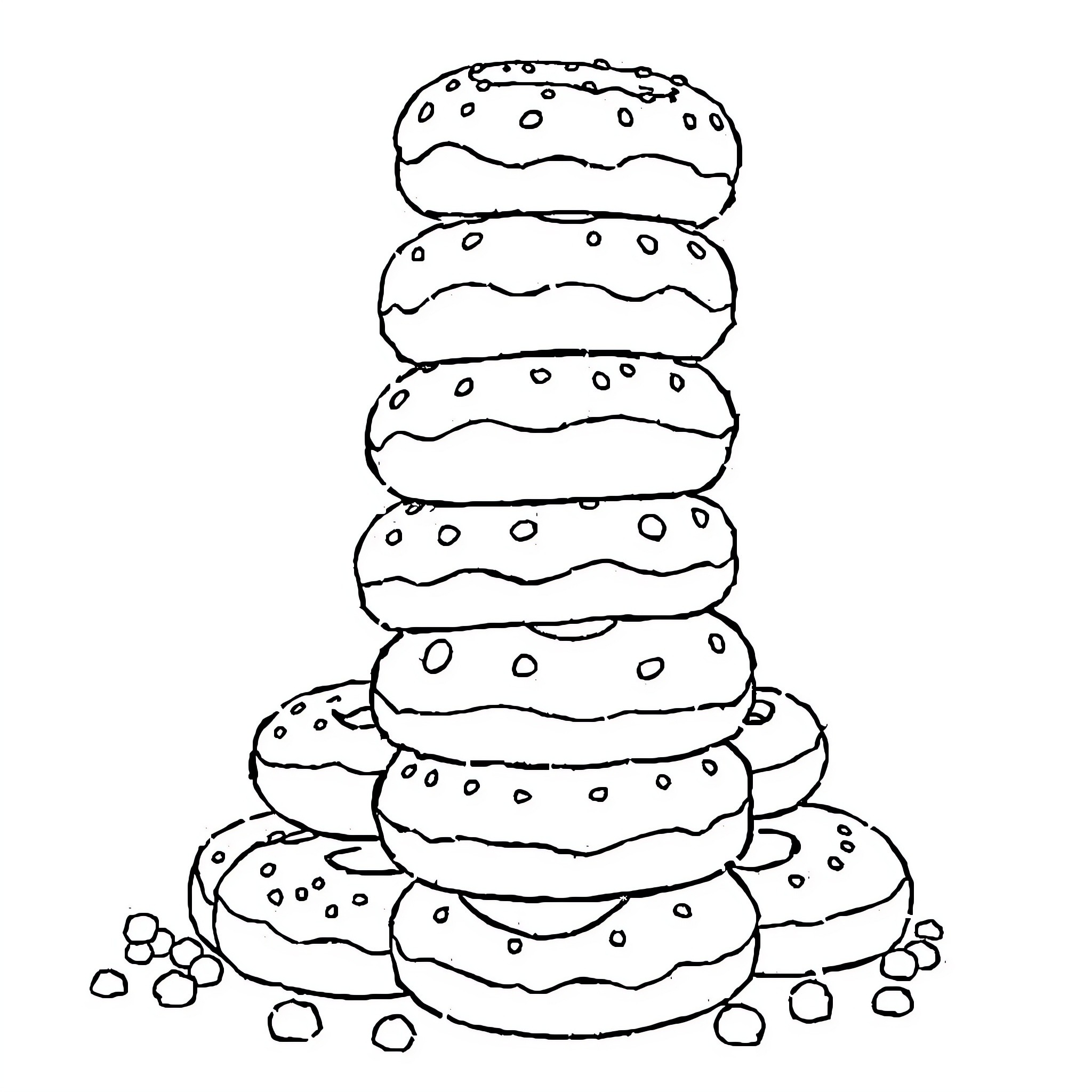 Donut stack with decorative designs Coloring Page (free black-and-white line drawing printable PDF for all, from beginners to advanced learners, including children, teens, adults, and seniors)