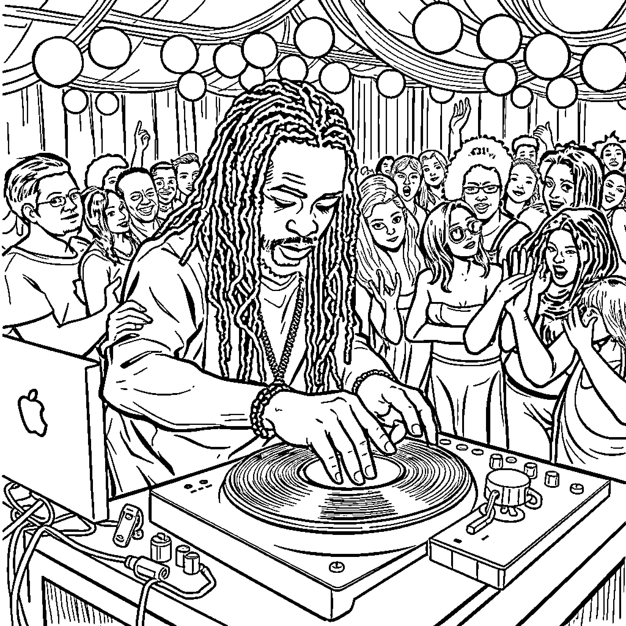 Dj Kool Herc spinning records at a lively party Coloring Page (free black-and-white line drawing printable PDF for all, from beginners to advanced learners, including children, teens, adults, and seniors)