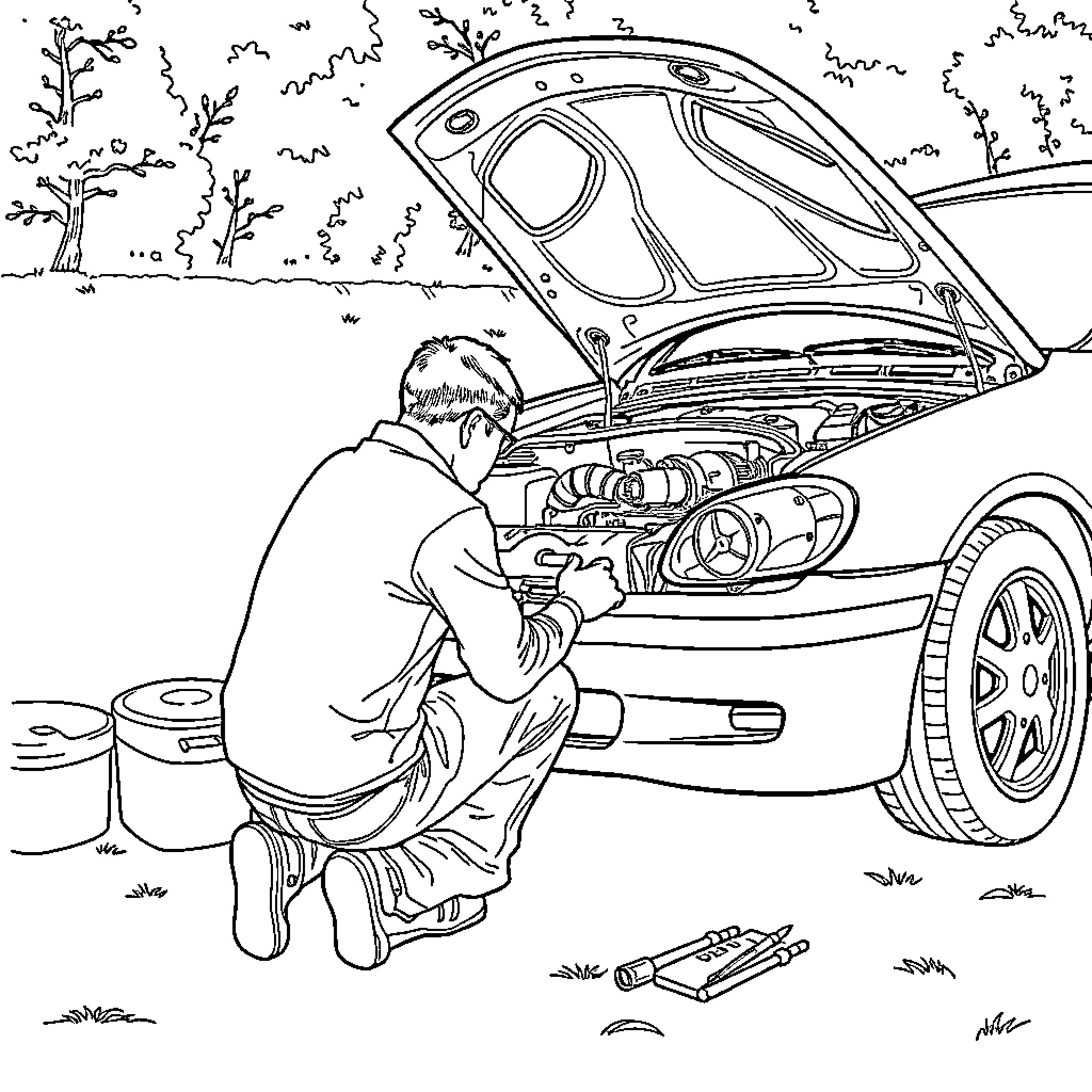 Man repairing car on the side of the road Coloring Page (free black-and-white line drawing printable PDF for all, from beginners to advanced learners, including children, teens, adults, and seniors)