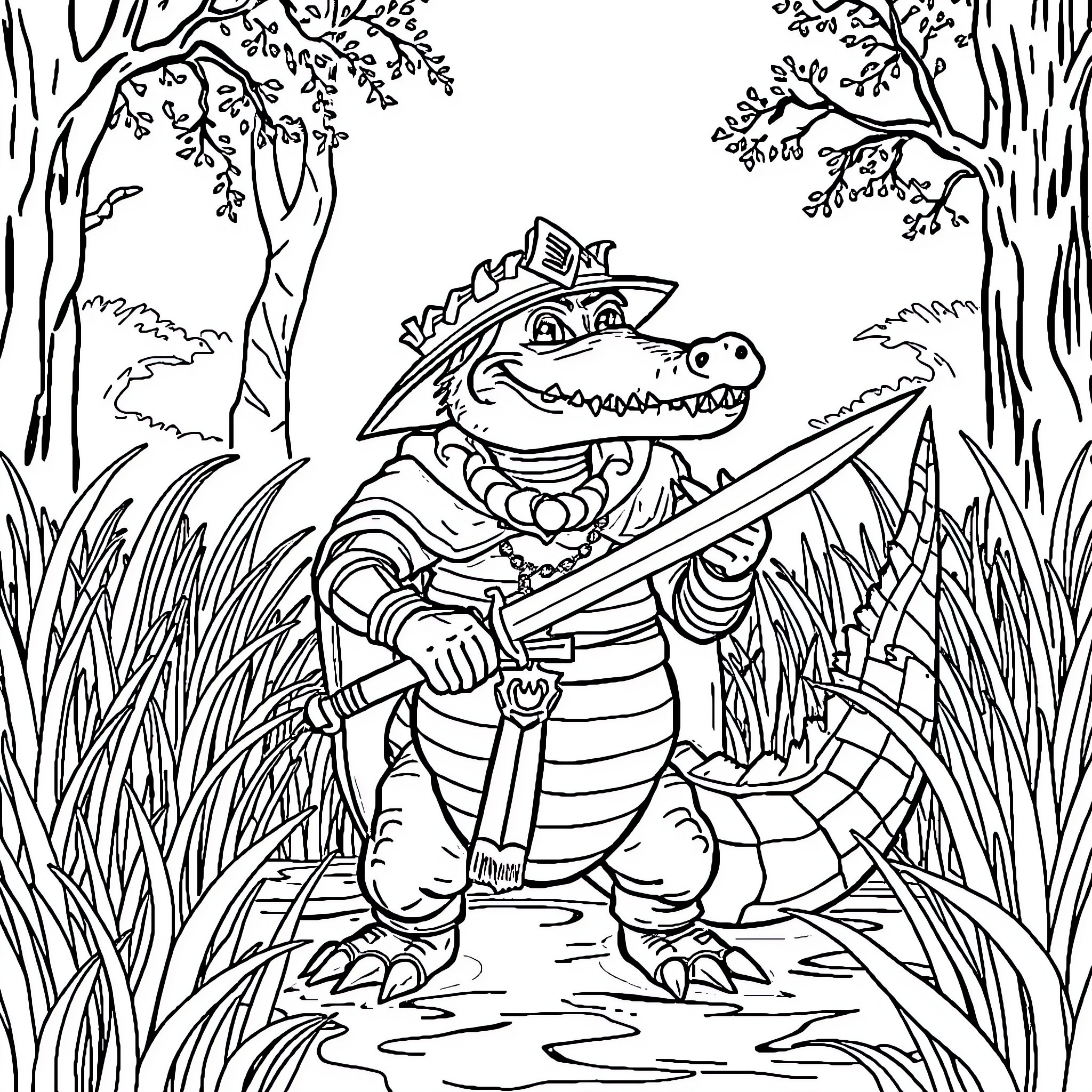 Alligator warrior wielding sword in forest Coloring Page (free black-and-white line drawing printable PDF for all, from beginners to advanced learners, including children, teens, adults, and seniors)
