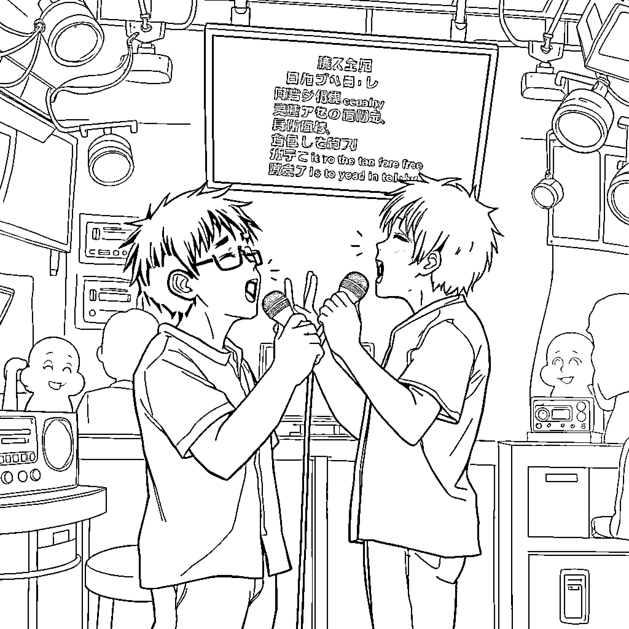 Muichiro singing with friends in a karaoke room Coloring Page (free black-and-white line drawing printable PDF for all, from beginners to advanced learners, including children, teens, adults, and seniors)