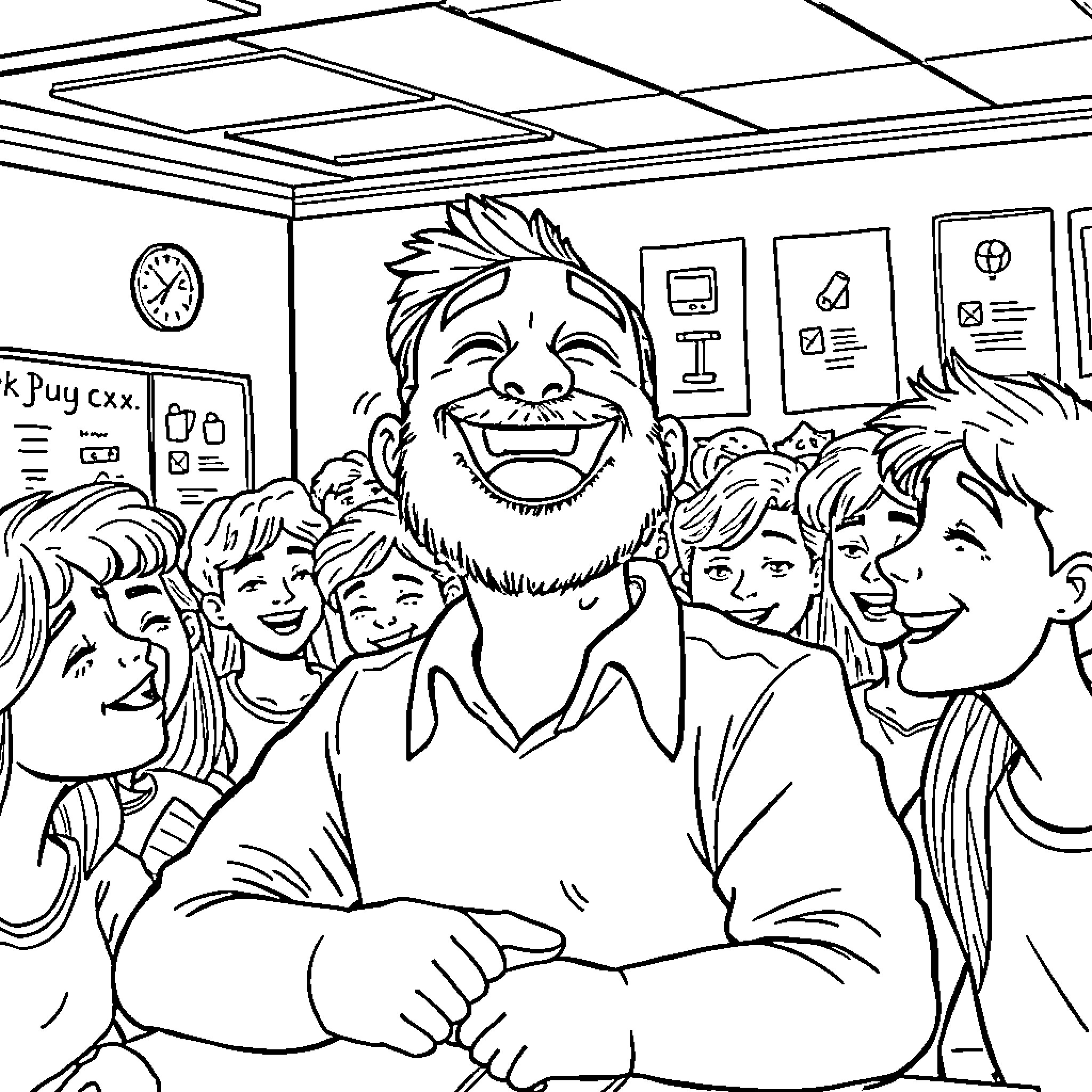 Teacher Engaging with Enthusiastic Students in Classroom Coloring Page (free black-and-white line drawing printable PDF for all, from beginners to advanced learners, including children, teens, adults, and seniors)