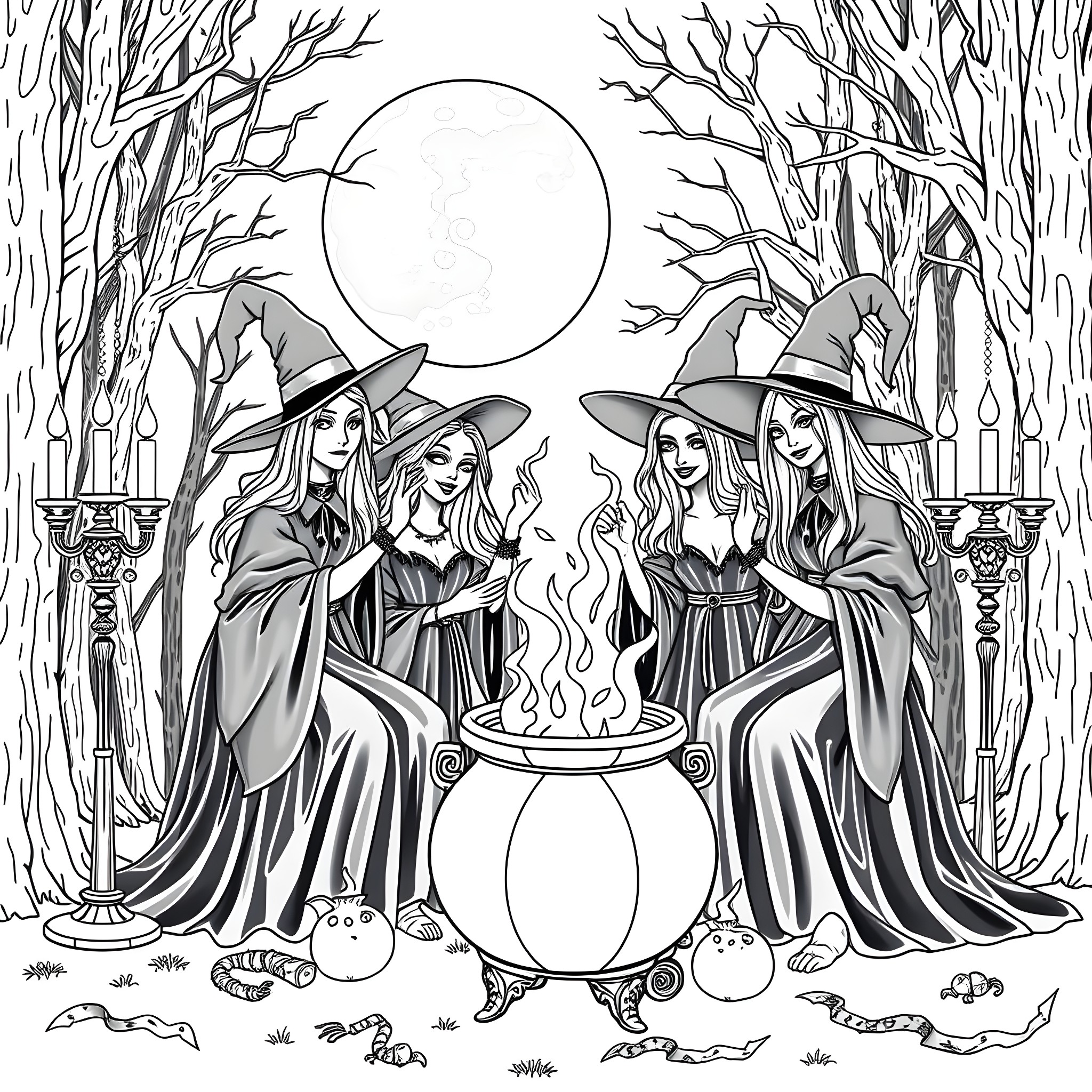 Sanderson Sisters Casting Spells in the Moonlit Forest Coloring Page (free black-and-white line drawing printable PDF for all, from beginners to advanced learners, including children, teens, adults, and seniors)