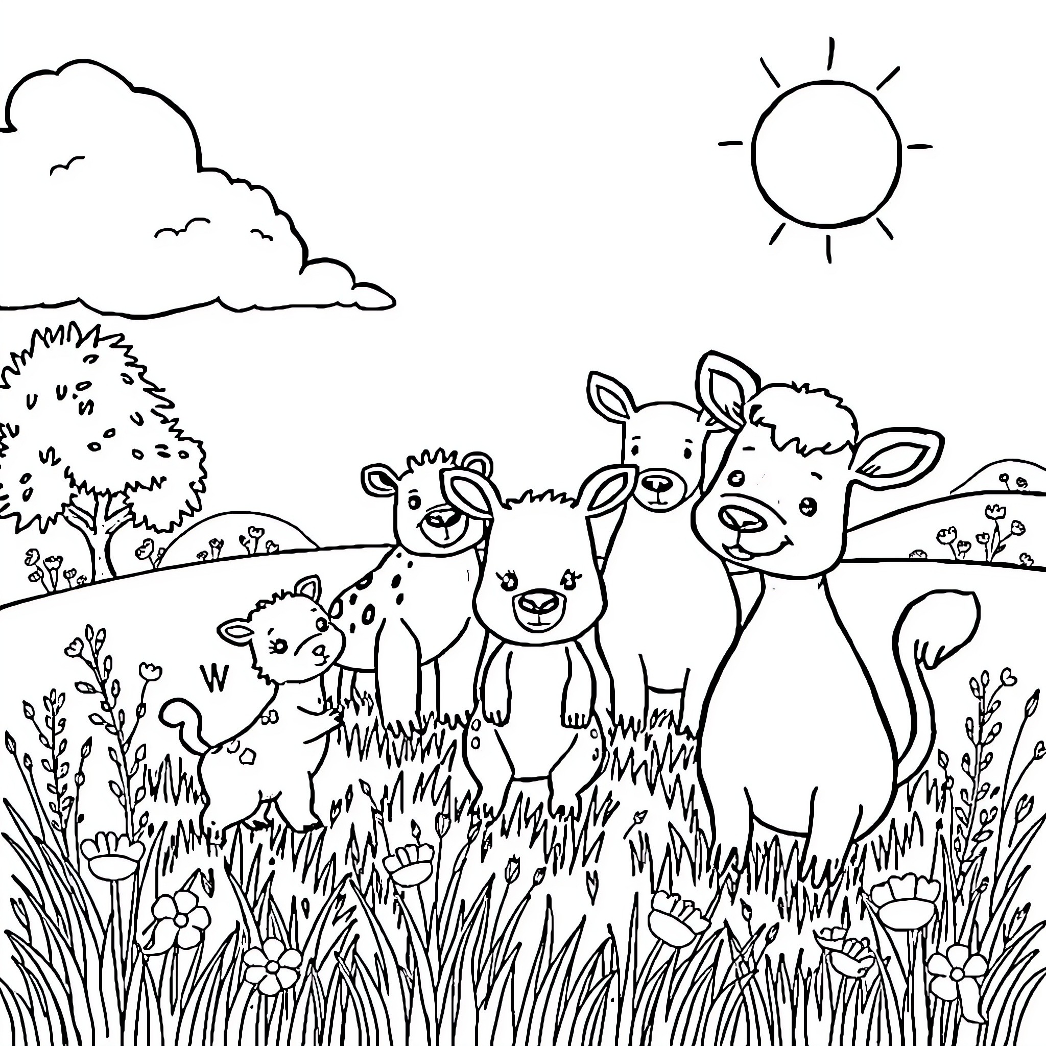 Animal friends in a peaceful nature scene Coloring Page (free black-and-white line drawing printable PDF for all, from beginners to advanced learners, including children, teens, adults, and seniors)