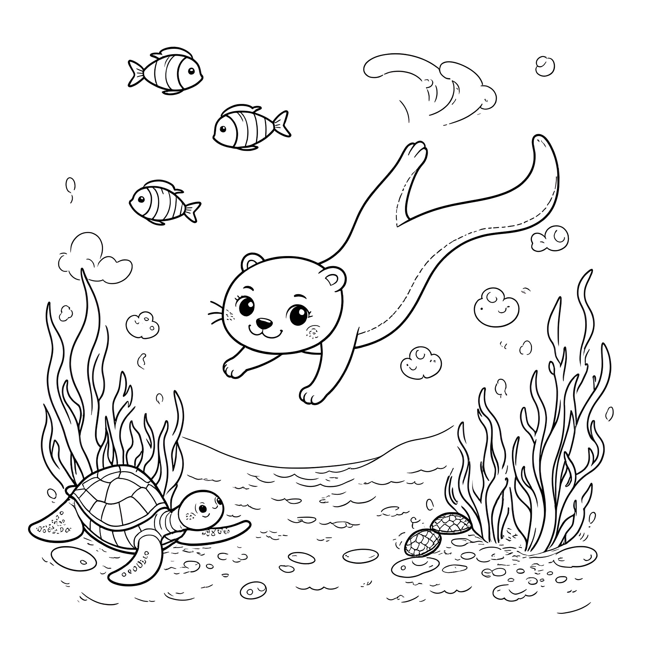 Otter swimming playfully in the underwater ocean Coloring Page (free black-and-white line drawing printable PDF for all, from beginners to advanced learners, including children, teens, adults, and seniors)