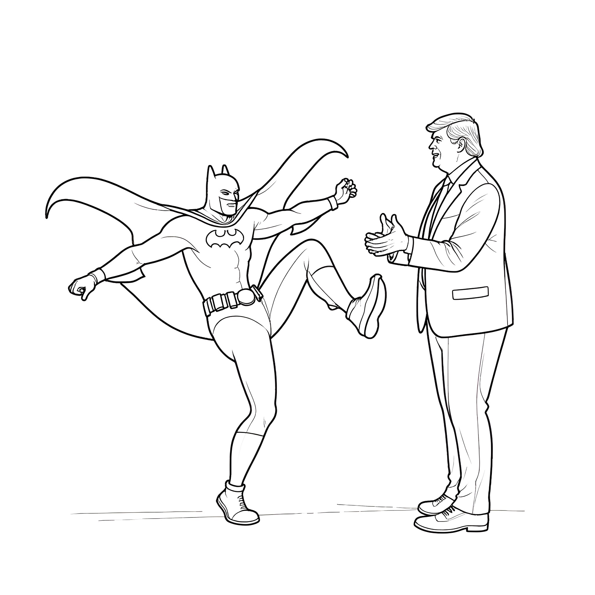 Batman meets business executive in black and white Coloring Page (free black-and-white line drawing printable PDF for all, from beginners to advanced learners, including children, teens, adults, and seniors)