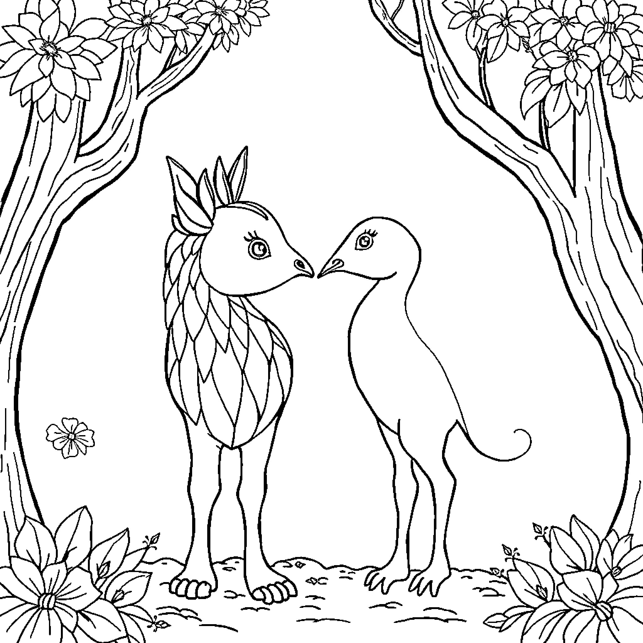 Drawing of Two Whimsical Creatures in a Floral Forest Coloring Page (free black-and-white line drawing printable PDF for all, from beginners to advanced learners, including children, teens, adults, and seniors)