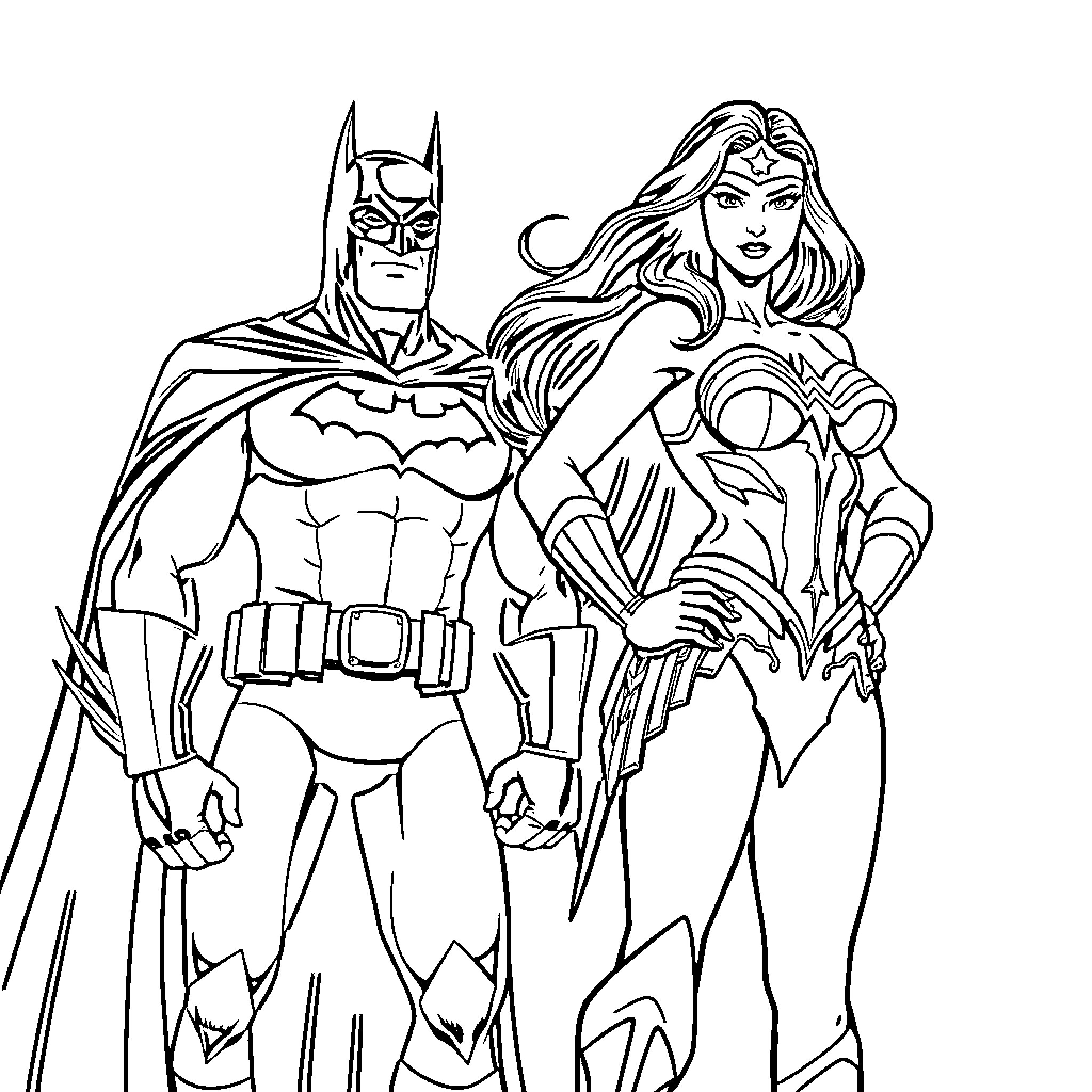 Wonder Woman and Batman in Action Poses Coloring Page (free black-and-white line drawing printable PDF for all, from beginners to advanced learners, including children, teens, adults, and seniors)