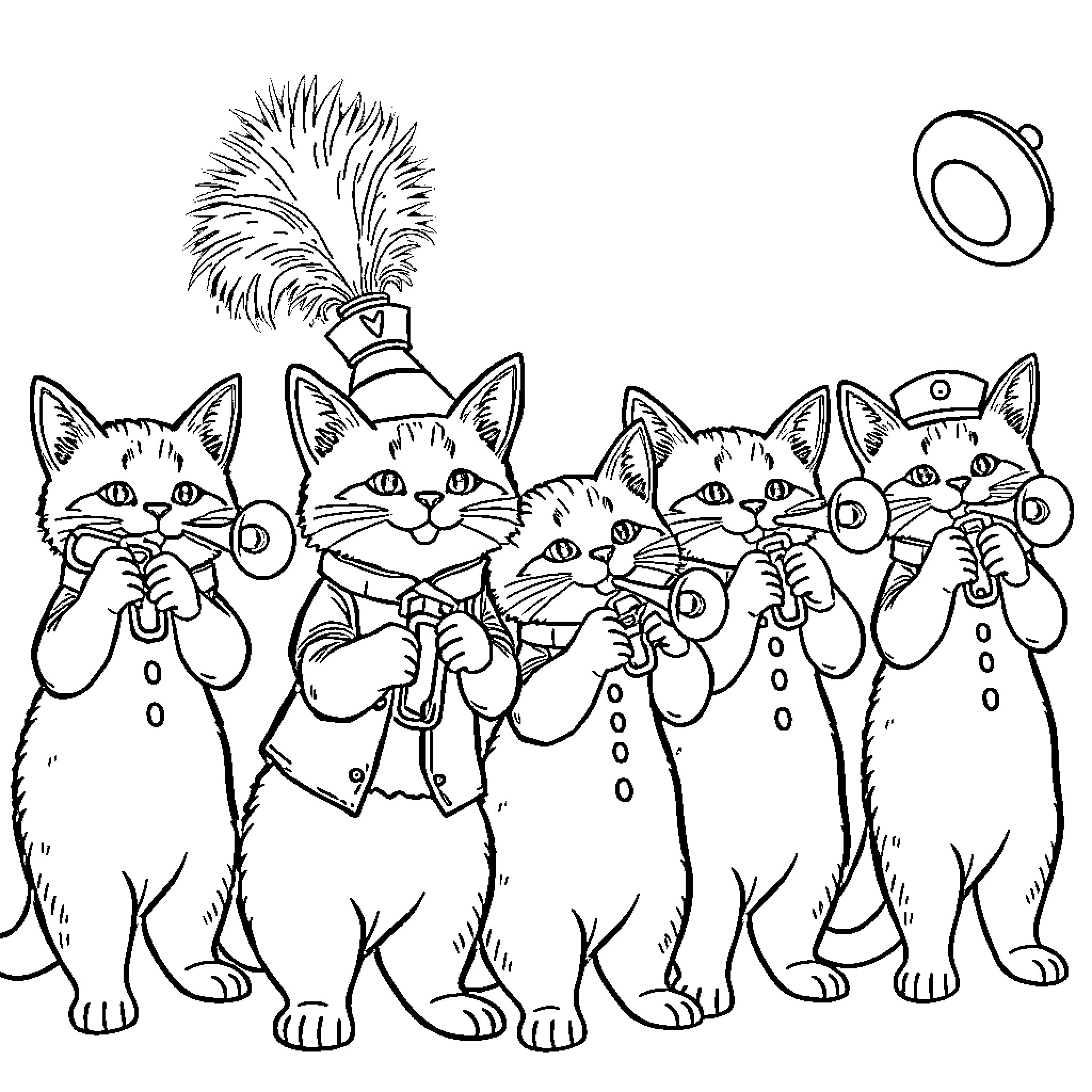 Cats in Costume Party Coloring Page (free black-and-white line drawing printable PDF for all, from beginners to advanced learners, including children, teens, adults, and seniors)