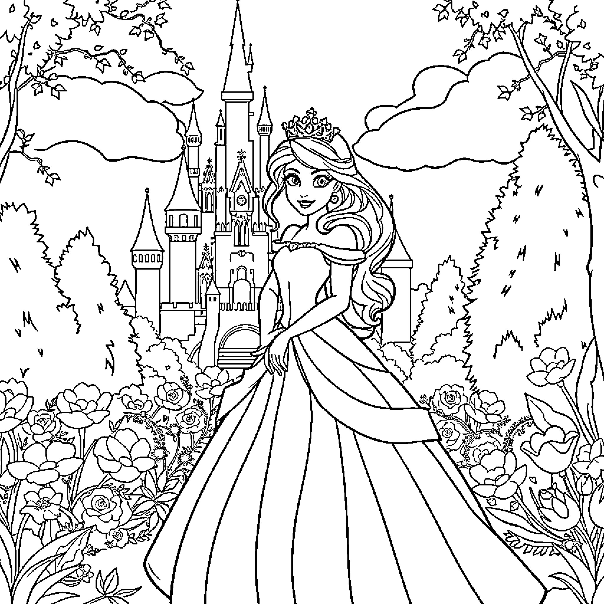 Princess exploring the enchanted castle gardens Coloring Page (free black-and-white line drawing printable PDF for all, from beginners to advanced learners, including children, teens, adults, and seniors)