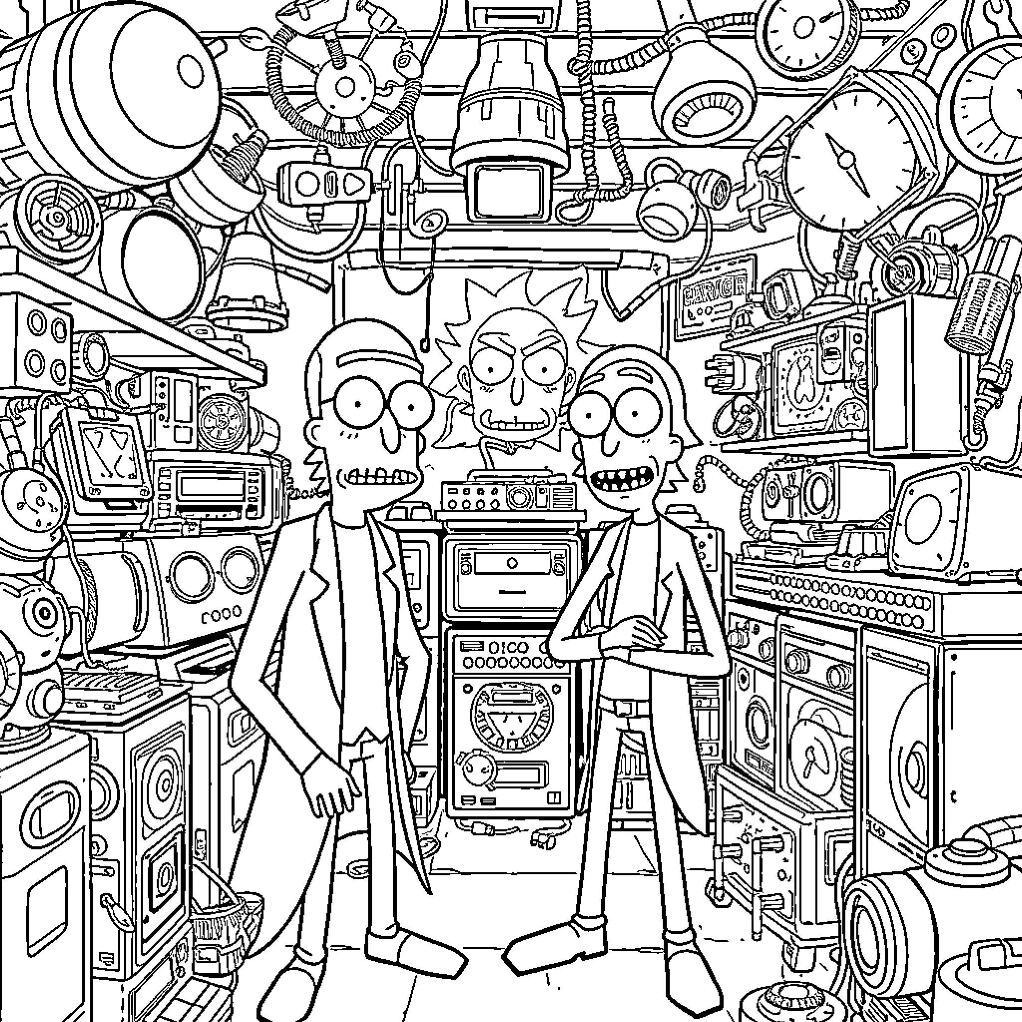 Rick's Wacky and Whimsical Workshop Coloring Page (free black-and-white line drawing printable PDF for all, from beginners to advanced learners, including children, teens, adults, and seniors)